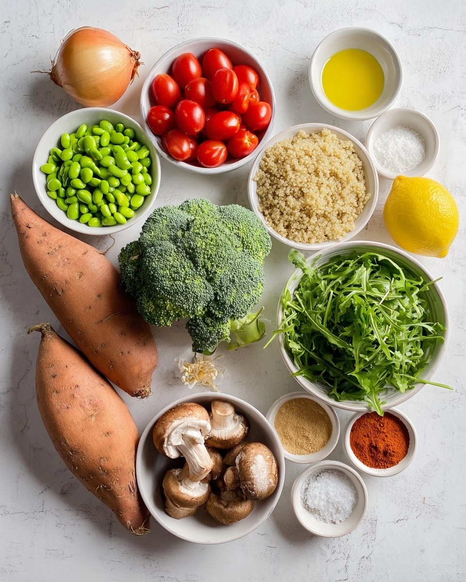 The image shows many fresh ingredients on a white marbled surface arranged neatly. There are two large sweet potatoes with a rough orange skin placed on the left side. Next to them, a white bowl holds bright red cherry tomatoes, while another white bowl contains raw green edamame. In the center is a large piece of green broccoli with a bumpy texture, and near it, a white bowl filled with fluffy cooked quinoa. Two whole yellow lemons rest near the quinoa. On the right side, a white bowl is full of fresh dark green arugula leaves, and below it, a smaller white bowl contains brown shiitake mushrooms with smooth caps facing upward. There are two small shallots with a light brown skin, two small white bowls with light golden olive oil and amber honey, a small white bowl with white salt, and another white bowl with three kinds of powdered spices in yellow, beige, and red colors. Photo taken with an iphone --ar 4:5 --v 7