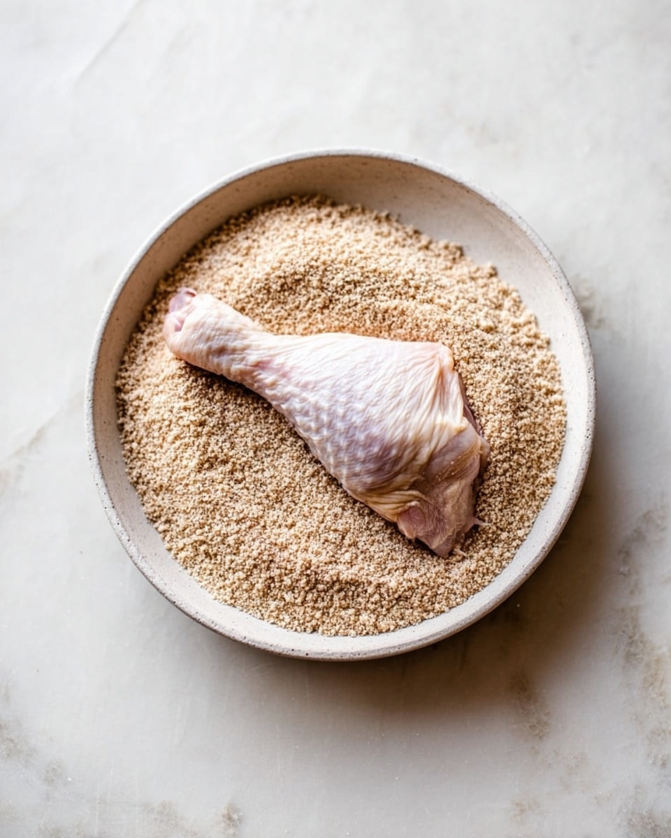 A white bowl with a rough texture holds a single raw chicken drumstick placed in the center on top of a thick layer of fine, light brown crumbs that almost fill the bowl. The chicken skin looks pale pink with slight ridges and folds, contrasting softly with the grainy crumbs beneath. The bowl sits on a surface with a white marbled texture, giving a clean and fresh look. photo taken with an iphone --ar 4:5 --v 7