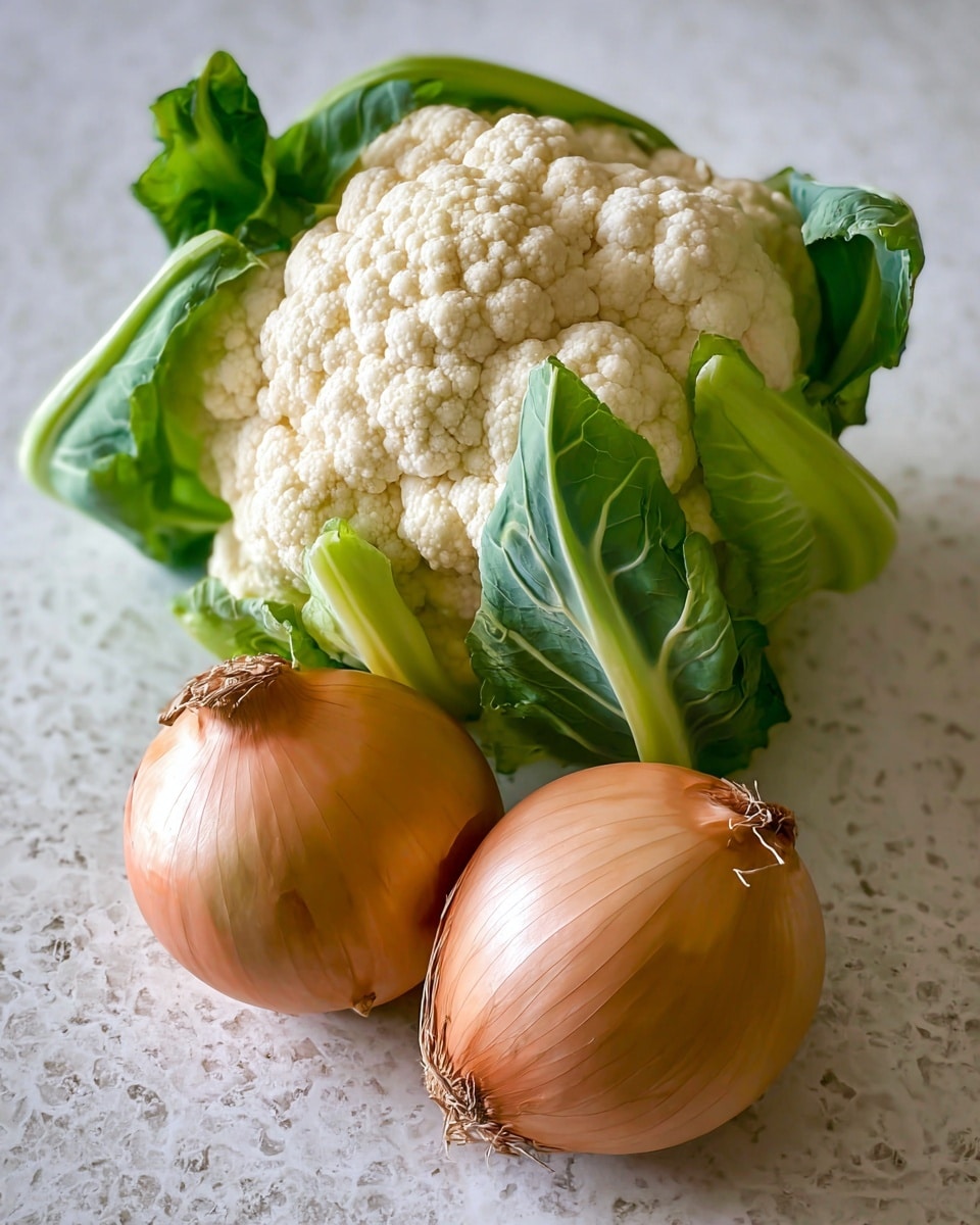 A fresh head of cauliflower with tight off-white curds and bright green leaves partially wrapped around it is placed on a white marbled surface. Nearby, there are two whole onions with smooth, shiny light brown skins and small root ends showing. The colors contrast well with the textured white marbled background, giving a fresh and natural look to the vegetables photo taken with an iphone --ar 4:5 --v 7