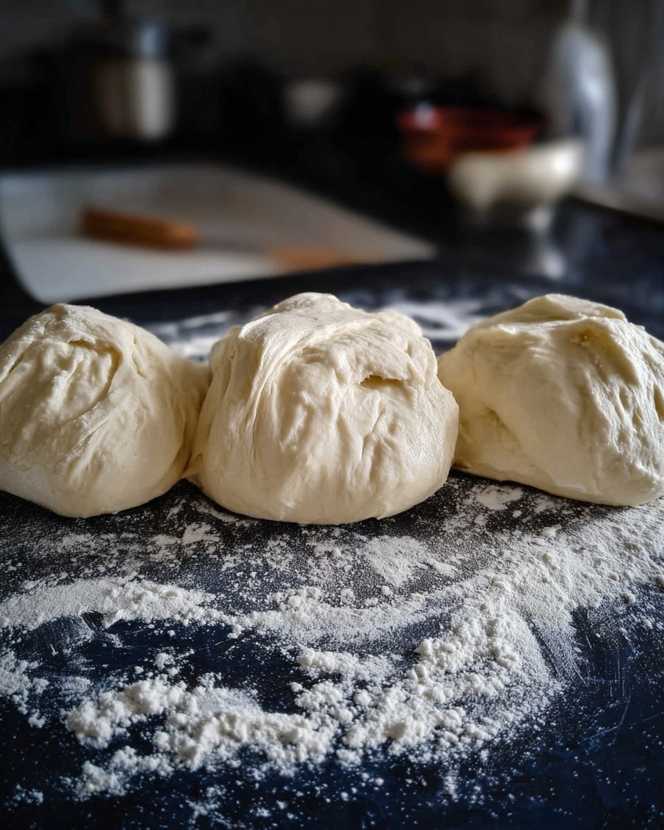 Three lumps of pale dough with soft, wrinkled textures are placed side by side on a dark surface sprinkled with white flour. Each dough piece has irregular folds and creases, showing their softness and elasticity. The surface underneath is dusted with flour, adding a light contrast to the dark background. In the background, there are blurry kitchen elements, but the focus stays on the three dough pieces. photo taken with an iphone --ar 4:5 --v 7