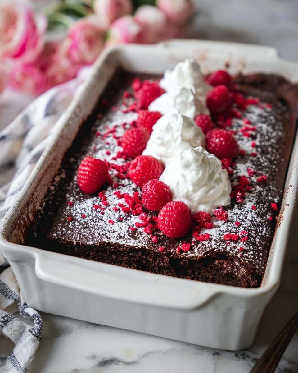 A dark brown chocolate cake is shown in a white rectangular baking dish. The cake surface is sprinkled with white powdered sugar and bright red crushed bits. There are several fresh red raspberries spread on top, especially at one corner where there are five dollops of white whipped cream placed in a loose cluster. The dish rests on a white marbled surface with some pink flowers blurred in the background. Photo taken with an iphone --ar 4:5 --v 7