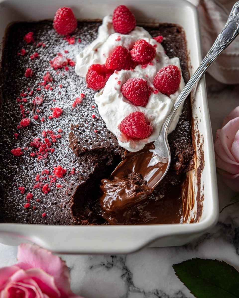 A white rectangular dish holds a rich, dark brown chocolate dessert layer covering the bottom. On one side, dollops of white whipped cream with a soft, airy texture sit on top. Scattered bright red raspberries add a fresh, slightly bumpy texture and vibrant color across the dish. White powdered sugar is dusted in a decorative floral pattern mainly on the chocolate layer, with small red crumbs sprinkled around. A silver spoon scoops into the chocolate dessert, revealing a moist, flowing inner layer of thick chocolate sauce underneath the firm top, creating a mix of textures and glossy shine. The dish is placed on a white marbled surface, with a pink rose and green leaf partially visible at the bottom right. Photo taken with an iphone --ar 4:5 --v 7