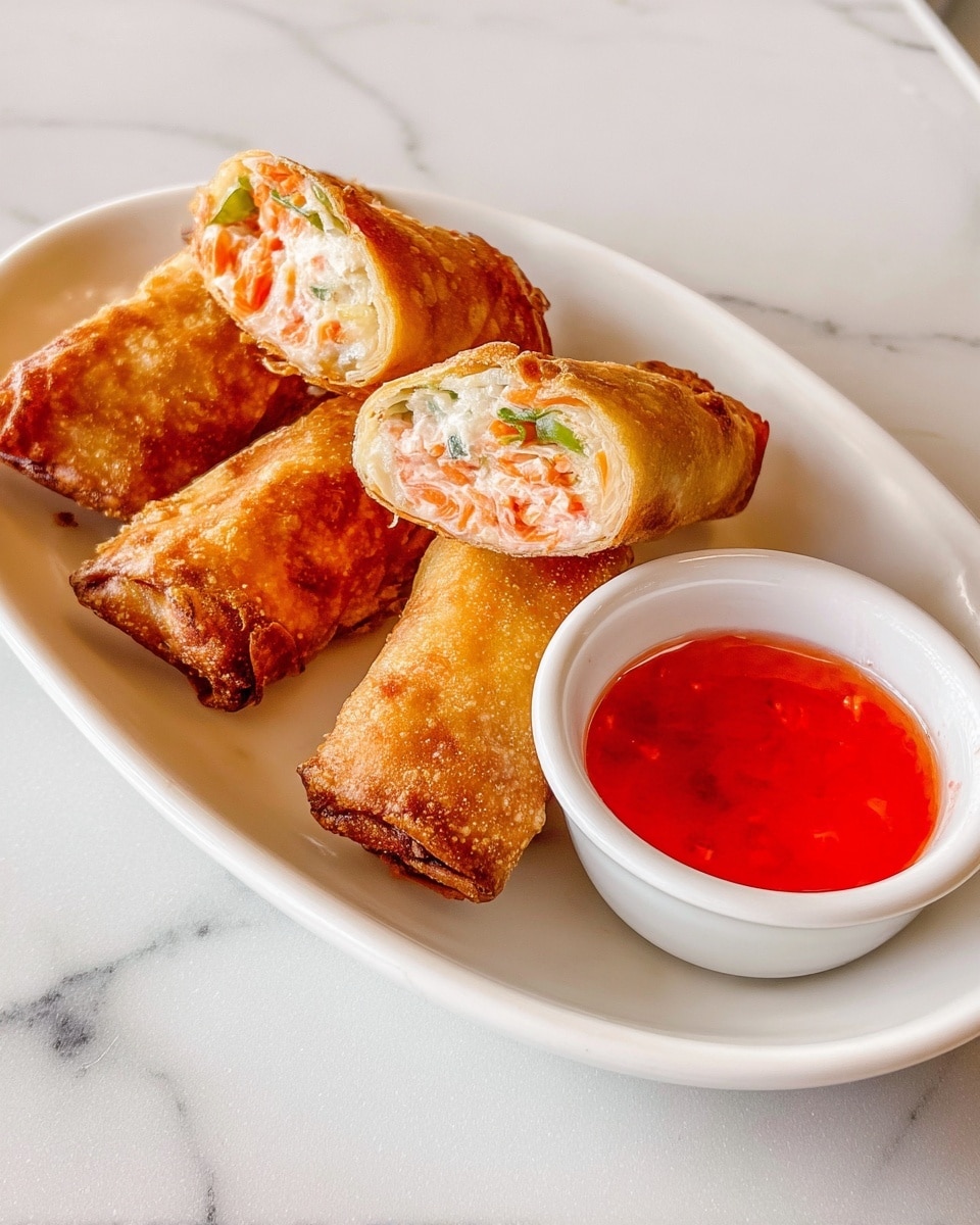 Four pieces of fried spring roll cut in half show three layers: a golden crispy outer shell, a creamy white inner layer with orange and green bits, placed in a white oval dish. A small white bowl with bright red dipping sauce sits next to the spring rolls on the dish, all set on a white marbled surface. photo taken with an iphone --ar 4:5 --v 7