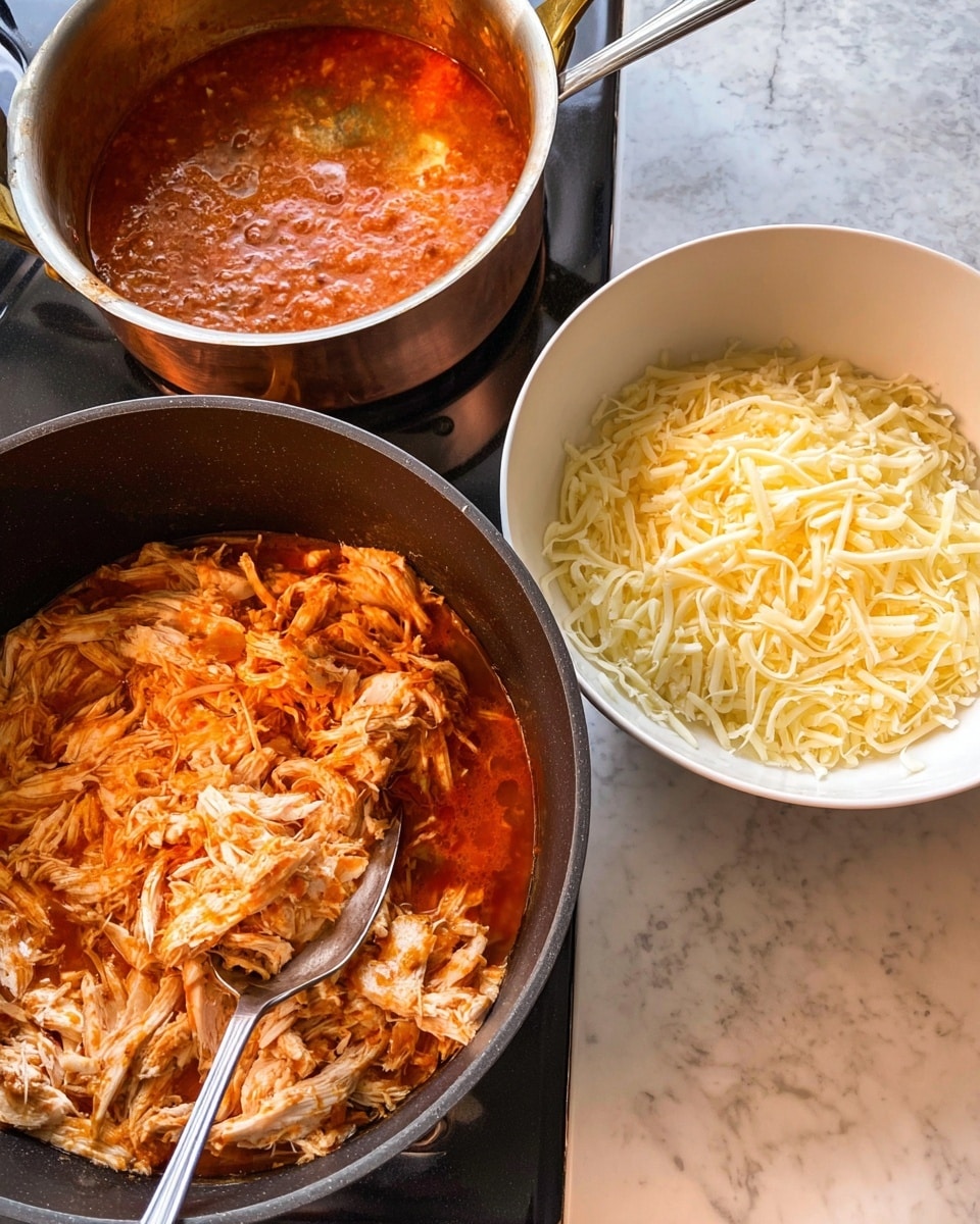 A close-up view of a stovetop with a black cooking pot filled with shredded cooked chicken in a red tomato-based sauce, with a silver spoon resting inside the pot. Next to it, there is a white bowl filled with two layers of shredded cheese in light yellow and pale cream colors. Behind the bowl is a copper-colored pan with a little oil inside, all placed on a white marbled surface. The scene suggests preparation for cooking or assembling a cheesy chicken dish photo taken with an iphone --ar 4:5 --v 7