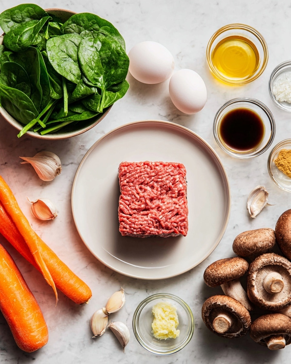 The image shows a white plate in the center with a square block of raw minced meat, red with white fat specks and a soft texture. Around the plate, different ingredients are arranged on a white marbled surface: a bowl of fresh green spinach leaves with a smooth texture, two long, bright orange carrots with a matte finish, a bowl filled with brown shiitake mushrooms displaying their round, firm caps and stems, and three whole white eggs with smooth shells. Small glass bowls contain various liquids and pastes, including a dark brown sauce, a yellow paste, clear oil, and minced garlic cloves placed nearby. The setup is clean and natural, focused on fresh raw ingredients, photo taken with an iphone --ar 4:5 --v 7