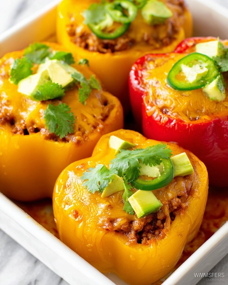 This image shows four stuffed bell peppers placed close together in a white baking dish on a white marbled surface. Each stuffed pepper has three main layers: the outer bell pepper layer is bright yellow or red with a smooth and slightly shiny texture, the middle layer is filled with a browned meat mixture that looks moist and crumbly, and the top layer is melted orange cheese covering the meat filling. On the cheese, there are toppings of light green cubed avocado pieces, sliced green jalapeño rings, and fresh green cilantro leaves scattered around, adding fresh texture and color contrast. The photo is a close-up with sharp detail, focusing on the two yellow peppers at the front and one red pepper in the back, showing the glossy and well-cooked appearance. photo taken with an iphone --ar 4:5 --v 7