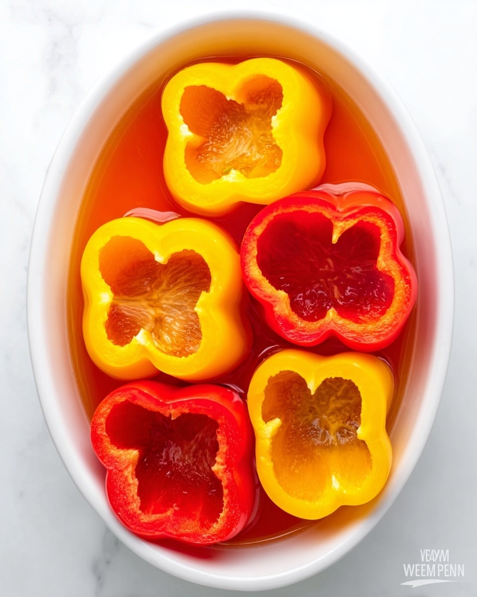 The image shows a white oval dish filled with six hollow bell pepper rings, three yellow and three red, arranged on a white marbled surface. The peppers are placed in two rows, with their open tops facing up, revealing smooth inner textures and vibrant colors—the yellow rings are bright and slightly shiny, while the red rings have a deep, rich tone. The dish contains a light reddish-orange liquid around the peppers, creating a thin layer inside the dish. The dish has a clean and simple look, with no other objects visible. photo taken with an iphone --ar 4:5 --v 7