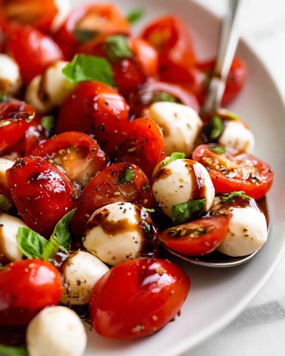 The image shows a white bowl filled with a simple salad. The salad has two main layers: one layer of bright red cherry tomatoes, some whole and some sliced in half, and one layer of small, round white mozzarella balls mixed in evenly. Scattered throughout are fresh green basil leaves adding a pop of color. A light drizzle of olive oil with herbs is being poured from above onto the salad. The background features a white marbled surface with some green leaves softly blurred in the back. photo taken with an iphone --ar 4:5 --v 7