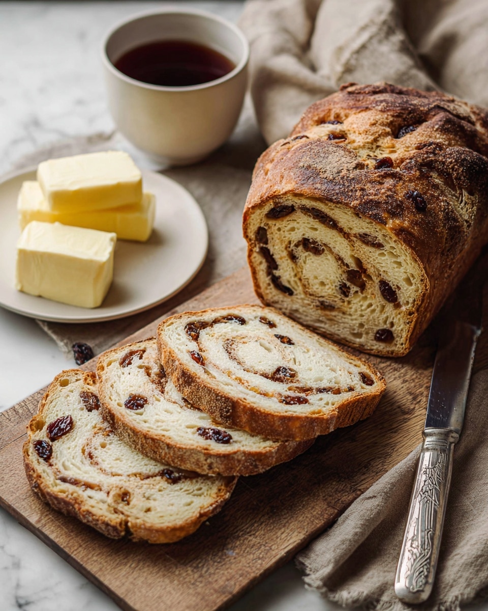 The image shows a rustic wooden board on a dark textured surface holding a loaf of raisin bread, two thick slices of bread with visible dark raisins lying flat, and a small white plate with three pale yellow slices of butter. In front of the board is a wooden round plate with a single toast slice of the same bread, topped with melted golden butter and a bite taken out of it. Next to this is a white cup filled with dark tea, and a silver butter knife with a small amount of butter on its tip lies beside the cup. A light beige linen cloth with frayed edges is partially visible in the lower left corner. photo taken with an iphone --ar 4:5 --v 7