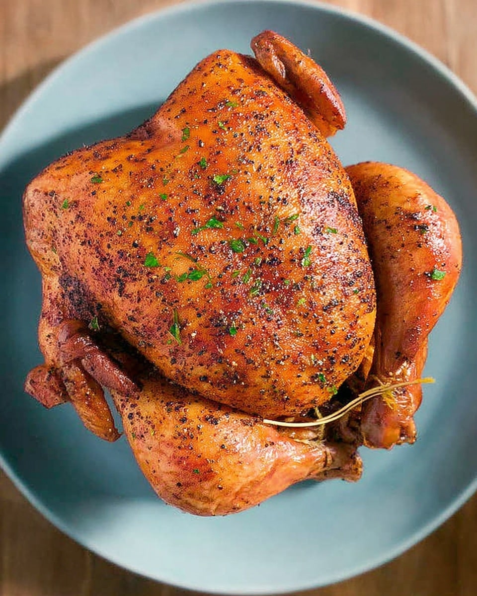 A whole roasted chicken is shown lying on a grill inside a smoker or grill box, the chicken skin is golden brown with a slight crisp, sprinkled generously with black pepper and a few herbs. The chicken is placed breast side up, with the wings tucked close to the body and the legs stretched back. The grill is metal with black bars spaced evenly, and the background inside the smoker is a dark metal, while the outer edge of the smoker is partially visible with a yellowish orange hue. There is no plate present, and the whole setup is staged on a white marbled texture surface. Photo taken with an iphone --ar 4:5 --v 7