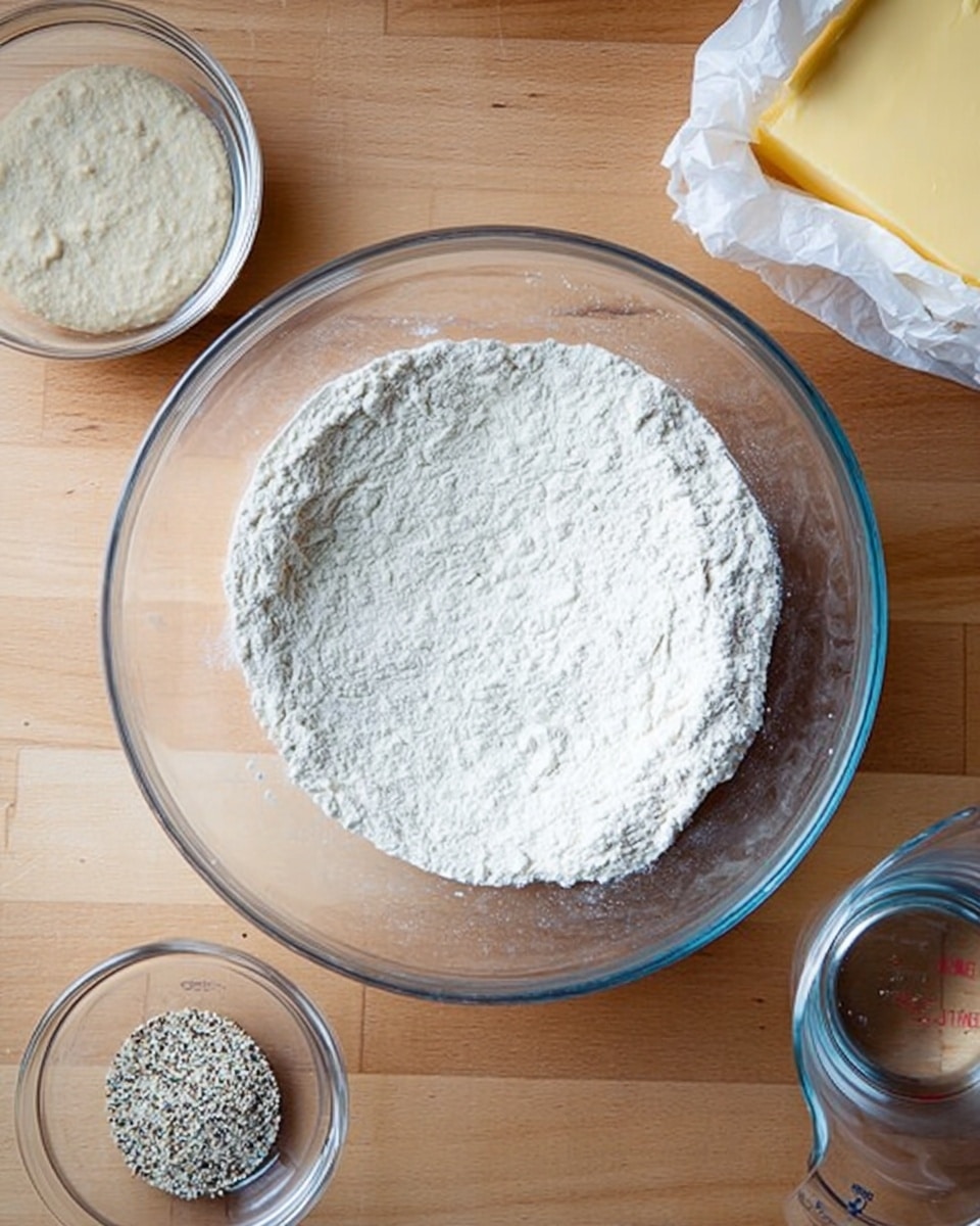The image shows a clear glass bowl placed on a wooden surface, filled with a thick layer of white flour covering almost the entire bottom of the bowl. Around the bowl, there are smaller clear glass containers: one with a light beige paste or batter in the top left, one with a small pile of white and black mixed granules below it, and a clear glass measuring cup with a small amount of liquid on the right. In the top right corner, a partially wrapped block of yellow butter is visible. The overall scene is well-lit with natural light. photo taken with an iphone --ar 4:5 --v 7