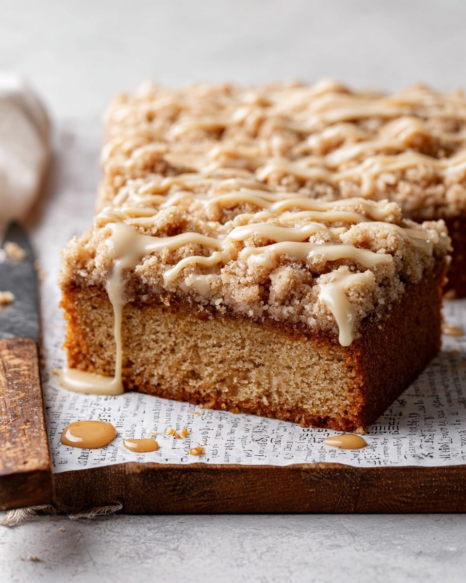 The image shows a square slice of coffee cake with two layers: a thick, dense light brown cake base with a soft, spongy texture and a crumbly streusel topping in a pale beige color. The top is drizzled with a creamy, light tan glaze that melts slightly down the sides of the cake and pools a bit on the white marbled surface beneath a wooden board. The cake sits on a piece of white printed parchment paper, and a rustic knife with a wooden handle is partially visible on the left side. Photo taken with an iphone --ar 4:5 --v 7