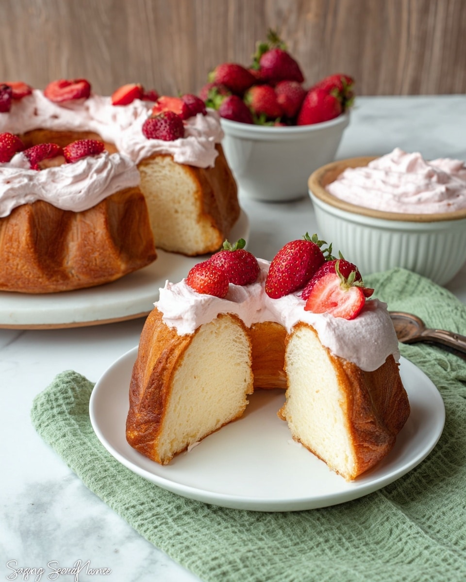 The image shows a light golden brown bundt cake on a white plate with one slice removed. The cake has a smooth, soft texture on the inside with a brown crust on the outside. On top of the cake, there is a ring of light pink whipped cream, each dollop topped with halved fresh red strawberries. In the background, there is a white bowl filled with more pink whipped cream and another white bowl filled with whole red strawberries. The plate sits on green cloth napkins, and the surface is a white marbled texture with a soft beige cloth and wooden background behind. Photo taken with an iphone --ar 4:5 --v 7