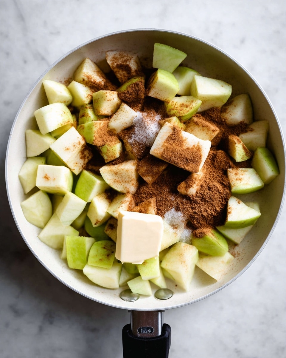A close-up view of chopped green and yellow apples filling a white pan with a black handle that extends towards the bottom of the image. On top of the apples, there are two rectangular pieces of pale butter placed near the center and upper right area. Brown cinnamon powder is scattered unevenly across the apples, mostly covering the middle and lower sections. Granulated white sugar is sprinkled mainly on the right side of the pan's apple pieces, blending slightly with the cinnamon. The background is a white marbled surface, creating a clean and simple setting. Photo taken with an iphone --ar 4:5 --v 7