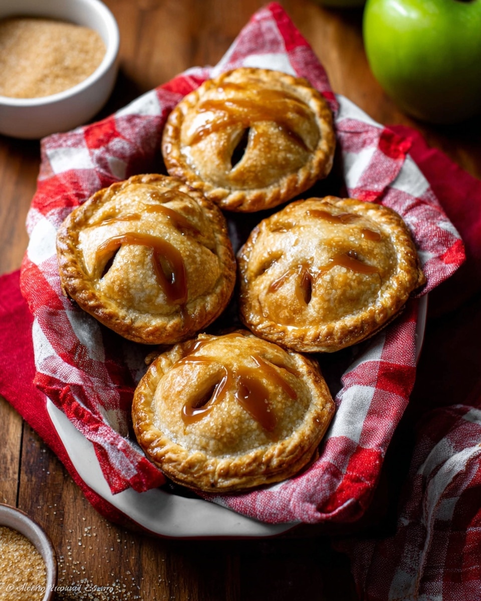 A white dish lined with a red and white checkered cloth holds five small round pies with golden brown crusts. Each pie has a textured edge and two or three slits on top revealing the filling inside. A shiny caramel sauce is drizzled over the top of each pie, adding a glossy contrast against the matte crust. The dish sits on a wooden surface with a small bowl of tan sugar nearby and part of a green apple visible to the upper right. Photo taken with an iphone --ar 4:5 --v 7