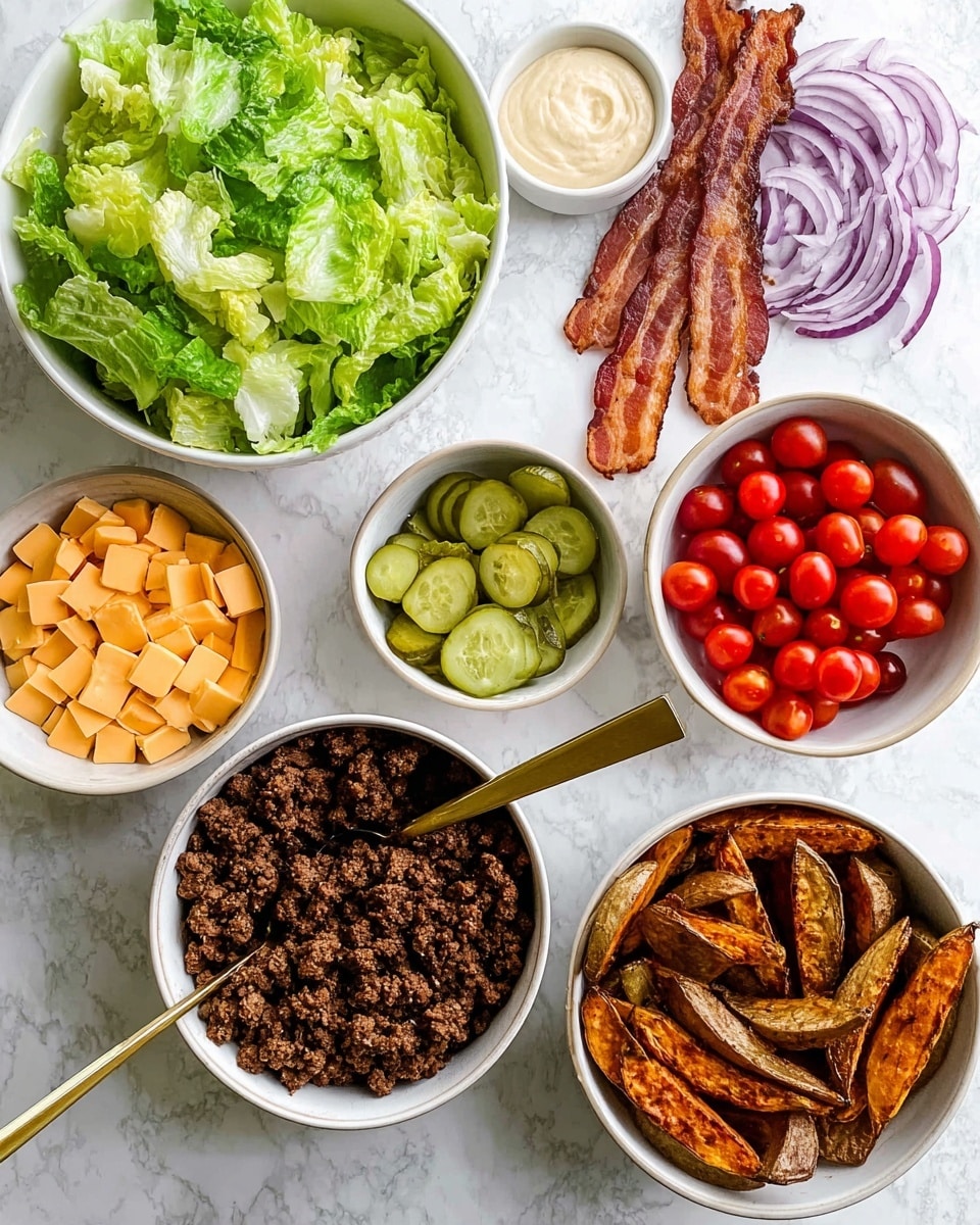 The image shows seven white bowls and plates arranged on a white marbled surface. One large bowl is filled with bright green chopped lettuce. Next to it, a smaller bowl holds orange-yellow cubed cheese. Nearby, another small bowl contains pale green pickle slices with a gold spoon inside. A medium bowl is full of dark brown cooked ground beef with a gold spoon resting on top. Three long strips of crispy, brown bacon sit on the surface next to a bowl of thin pale purple onion rings. Another bowl holds reddish-brown seasoned potato wedges with a gold spoon. In the last bowl, there are round, shiny red cherry tomatoes. Each item is clearly separated, making the colors and textures stand out. Photo taken with an iphone --ar 4:5 --v 7