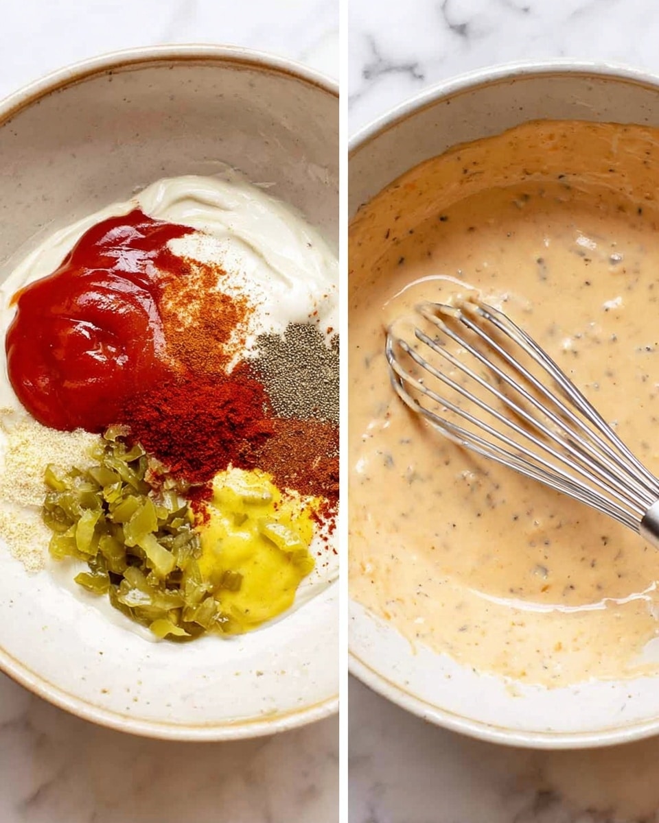 Two images side by side show a white bowl with different stages of sauce making on a white marbled surface. The left image shows a bowl with seven layers of ingredients arranged but not mixed: a thick white creamy base covering the bottom, a bright red thick layer of ketchup on the left, a small mound of yellow mustard near the center, a dollop of green chopped pickles on the right, and several spice powders sprinkled on top including brown and red colors. A metal whisk rests on the right side of the bowl touching the ingredients. The right image shows the same white bowl filled with a smooth, creamy light brown sauce with small specks throughout, and the metal whisk slightly stirring it. photo taken with an iphone --ar 4:5 --v 7