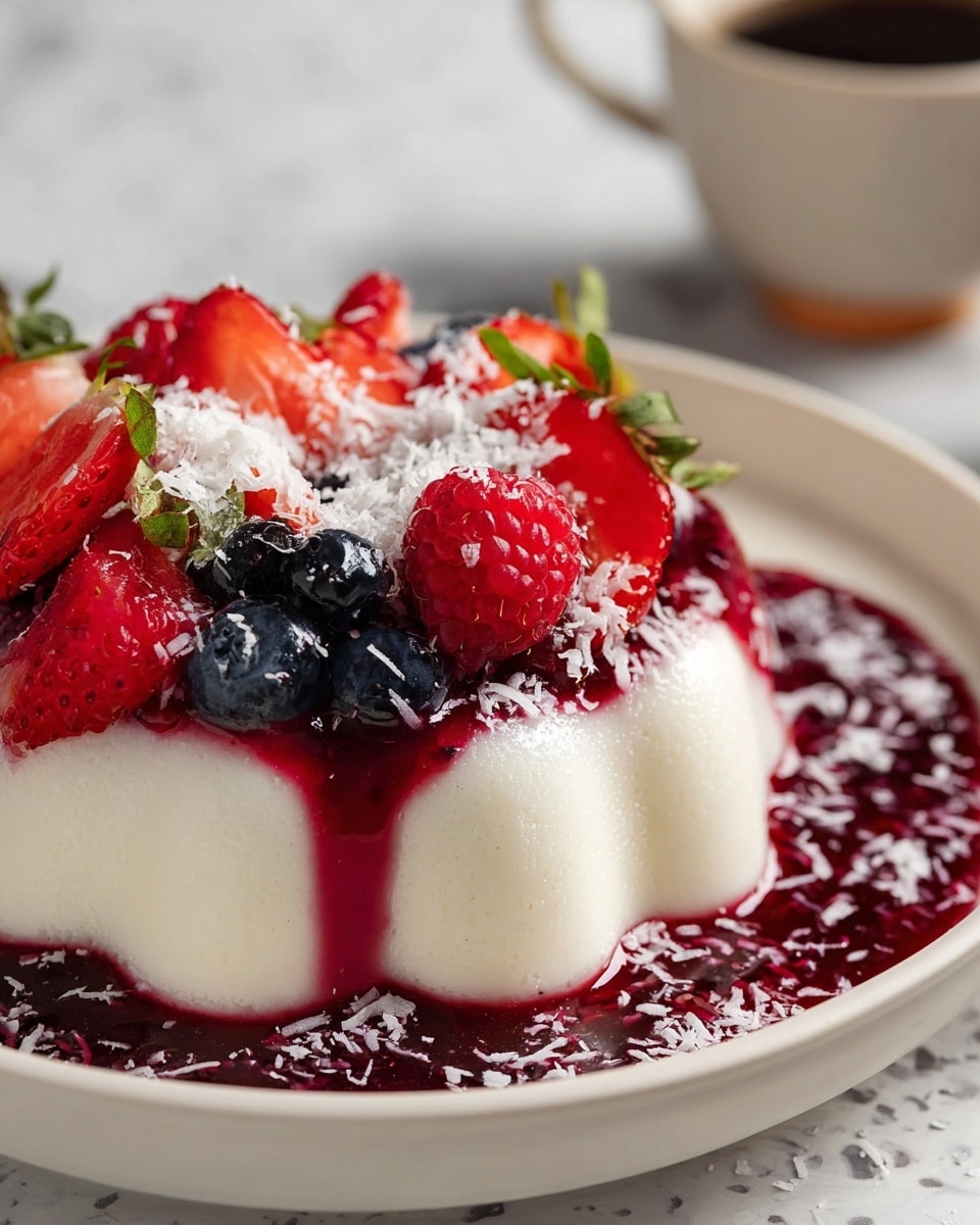 A white plate holds a smooth, creamy white dessert shaped like small rounded mounds arranged in a circle. Dark red fruit syrup is drizzled over the dessert, filling the spaces between the mounds and pooling around the base on the plate. On top, there is a mix of fresh berries including red raspberries, red strawberries sliced in half with green tops, and dark blueberries. The dessert is sprinkled with white shredded coconut flakes. The background features a white marbled texture, and a blurred cup with a dark liquid is visible behind the plate. Photo taken with an iphone --ar 4:5 --v 7