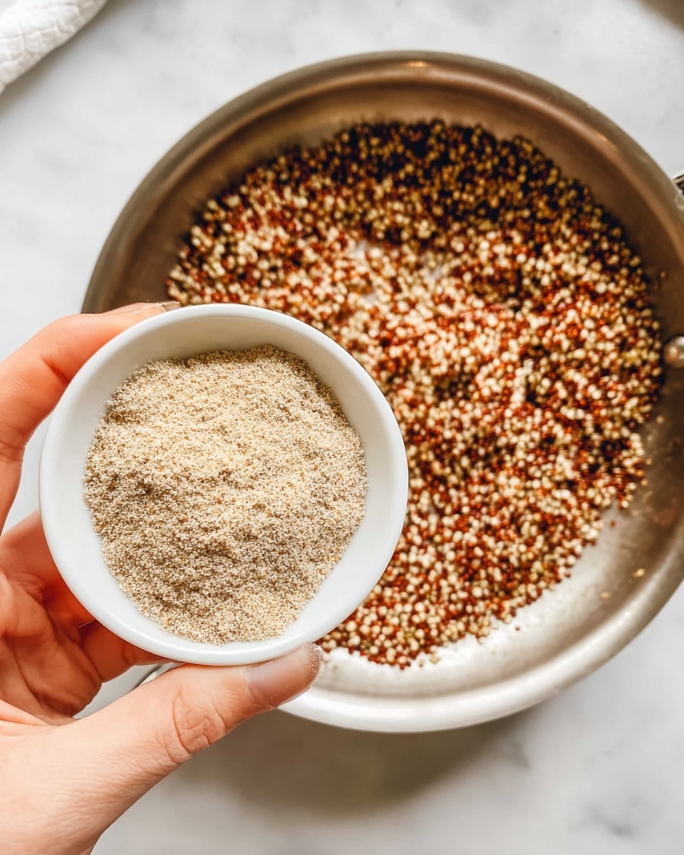 A close-up image shows a small white bowl filled with light brown powder held by a woman's hand over a silver pan with cooked quinoa inside. The quinoa has a mix of white and reddish-brown grains, creating a speckled texture. The scene is set on a white marbled surface with soft natural light highlighting the texture of both the quinoa and the powder. photo taken with an iphone --ar 4:5 --v 7
