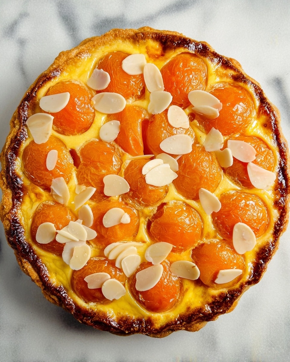 A round tart with a golden crust that has slightly browned edges, topped with a layer of yellow custard. On top of this, circular bright orange apricot halves are spread evenly in a single layer. Scattered over the apricots are thin, off-white almond slices, creating a delicate contrast against the warm colors. The tart rests on a white marbled surface, showing the textures clearly. photo taken with an iphone --ar 4:5 --v 7