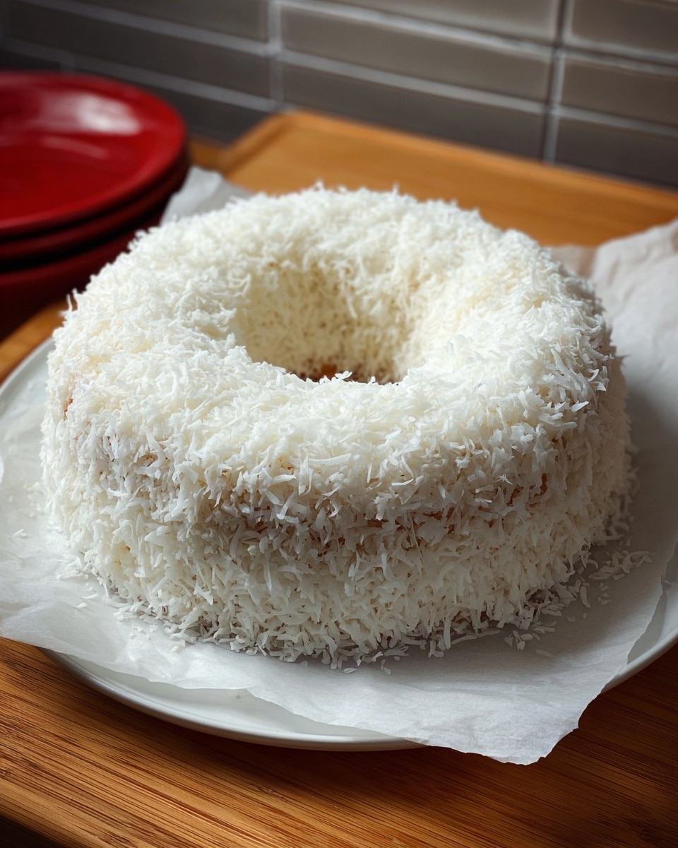 A round, ring-shaped cake with thick white shredded coconut covering its entire surface, giving it a fluffy and textured look. The cake sits on a white parchment paper inside a white plate, resting on a wooden counter with a tiled wall in the background. Photo taken with an iphone --ar 4:5 --v 7