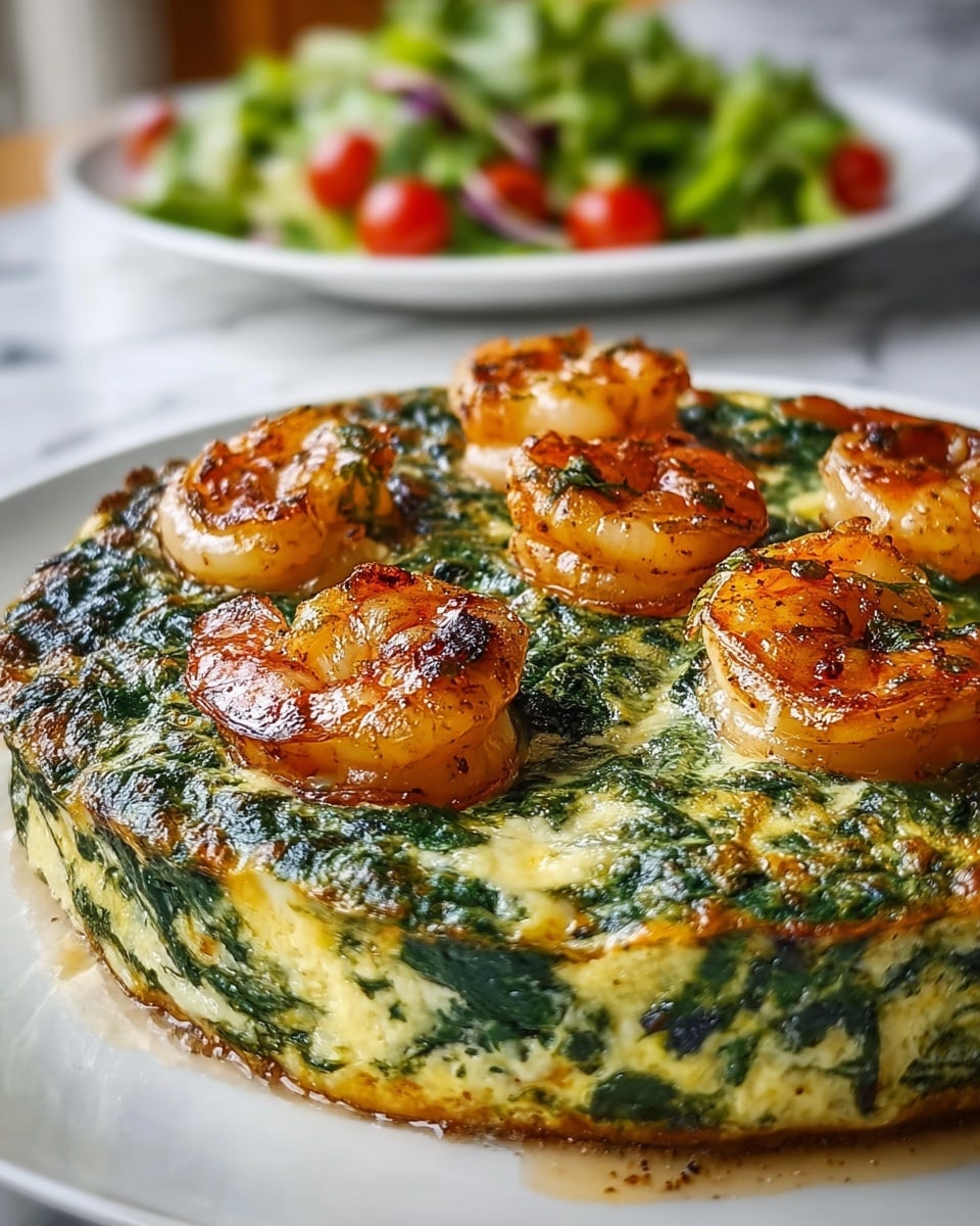 The dish shows a thick, round spinach and cheese frittata with a creamy texture and green spinach leaves mixed throughout a yellowish cheese base, placed on a white plate. On top, there are five grilled shrimp, each with a golden-brown charred surface and a slightly glossy texture, arranged evenly across the frittata. In the blurred background, there is a white plate with a green salad that includes cherry tomatoes and more shrimp, all set on a white marbled surface. Photo taken with an iphone --ar 4:5 --v 7