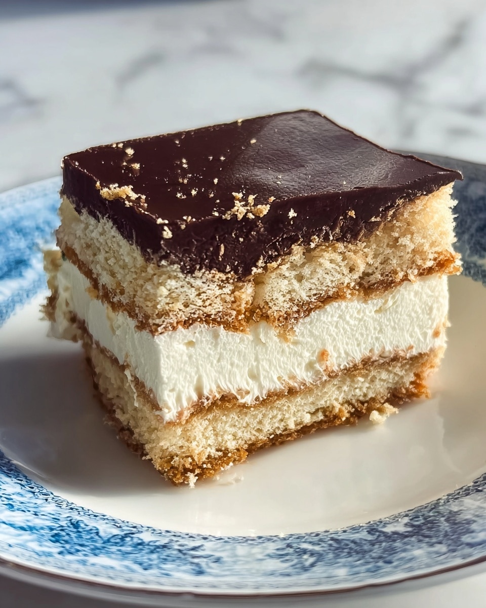 A slice of layered dessert sits on a white plate with blue patterns, placed on a white marbled surface. The dessert has five visible layers: the top layer is a smooth, dark chocolate glaze with a slightly shiny texture and small crumbs along the edges; below that is a crumbly, light tan layer resembling crushed cookies or biscuit crumbs; underneath is a thick, creamy white layer with a soft, fluffy texture; followed by another thin crumbly tan layer similar to the second; and finally, a bottom thick creamy white layer firming up the base. The layers create a neat rectangular block with slightly uneven edges, showing the contrasting textures clearly. photo taken with an iphone --ar 4:5 --v 7