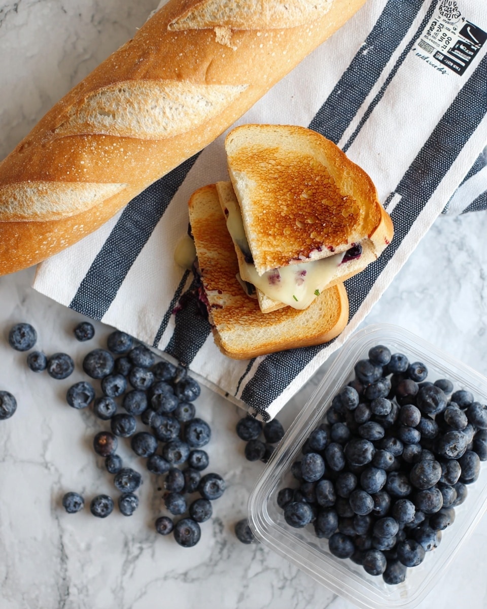 The image shows a toasted sandwich cut into two pieces with a golden-brown crust and melted cheese visible inside, sitting beside a white baguette loaf placed on a white and navy striped cloth. Blueberries are scattered around the sandwich and cloth, with a clear plastic container filled with fresh blueberries positioned in the bottom right corner. The setting has a white marbled surface as the background. photo taken with an iphone --ar 4:5 --v 7