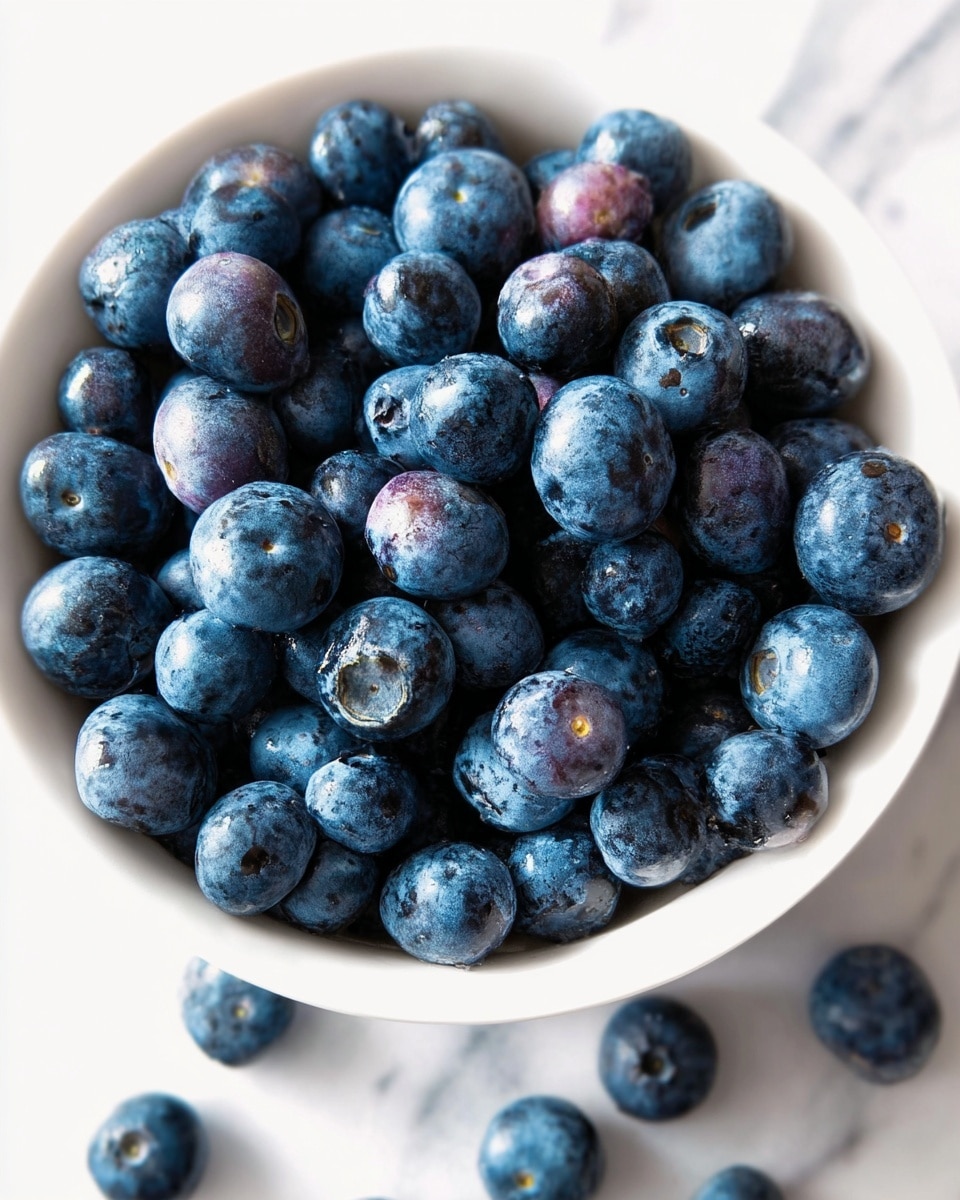A white bowl filled with many fresh blueberries, each with a deep blue color and slightly shiny texture. Some blueberries have pale spots and natural variations, showing small details of their surface. Around the bowl, a few loose blueberries are scattered on a white marbled surface. The image is bright and clear, focusing closely on the berries’ round shapes and rich color. Photo taken with an iphone --ar 4:5 --v 7