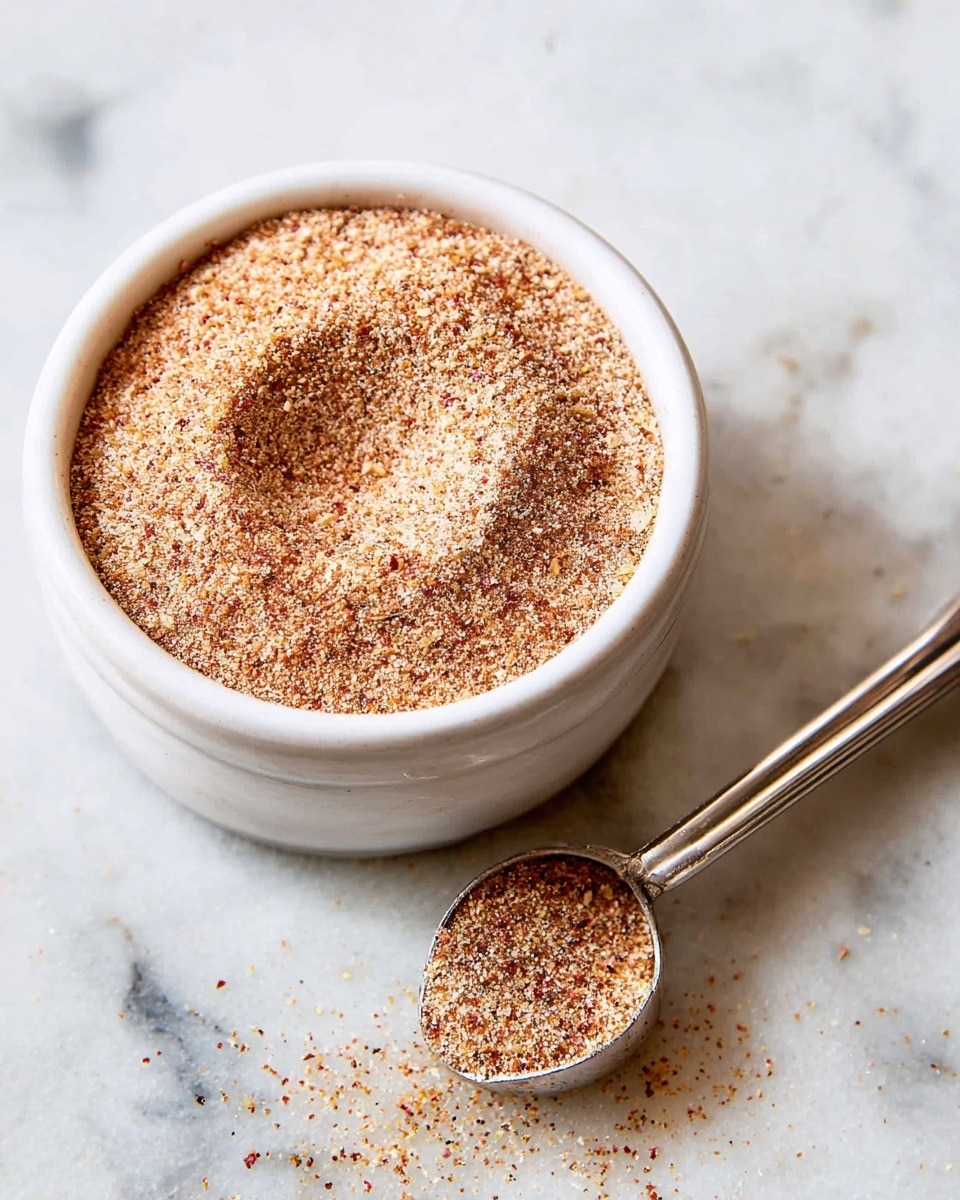 A small white ceramic bowl is filled to the top with a fine, mixed spice powder that is light brown with red and beige specks. Next to the bowl, a shiny metallic measuring spoon contains a small amount of the same spice mix, with some spilled grains scattered on the white marbled surface. The spice powder inside the bowl has a slight impression in the middle, showing its soft texture. The whole scene is brightly lit and placed on a clean, white marbled background. photo taken with an iphone --ar 4:5 --v 7