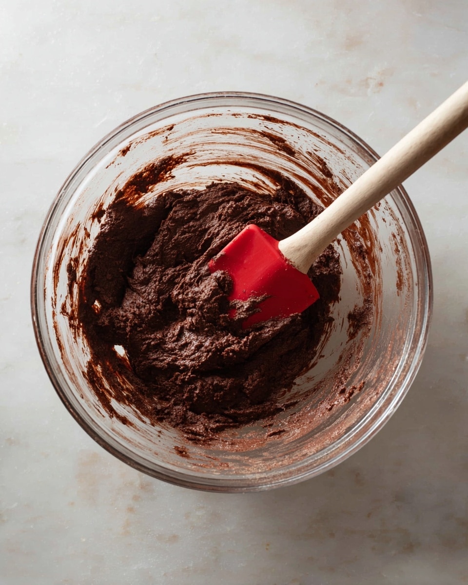 A clear glass bowl sits on a white marbled surface filled with thick, dark brown chocolate batter, slightly textured and moist. A red rubber spatula with a light wooden handle rests inside the bowl, partially covered by the batter, showing signs of recent stirring. The mix clings to the sides of the bowl with uneven smudges, creating a rustic homemade feel. The scene is softly lit, highlighting the rich color of the batter and the smoothness of the spatula’s surface, with the focus on the center of the bowl. photo taken with an iphone --ar 4:5 --v 7