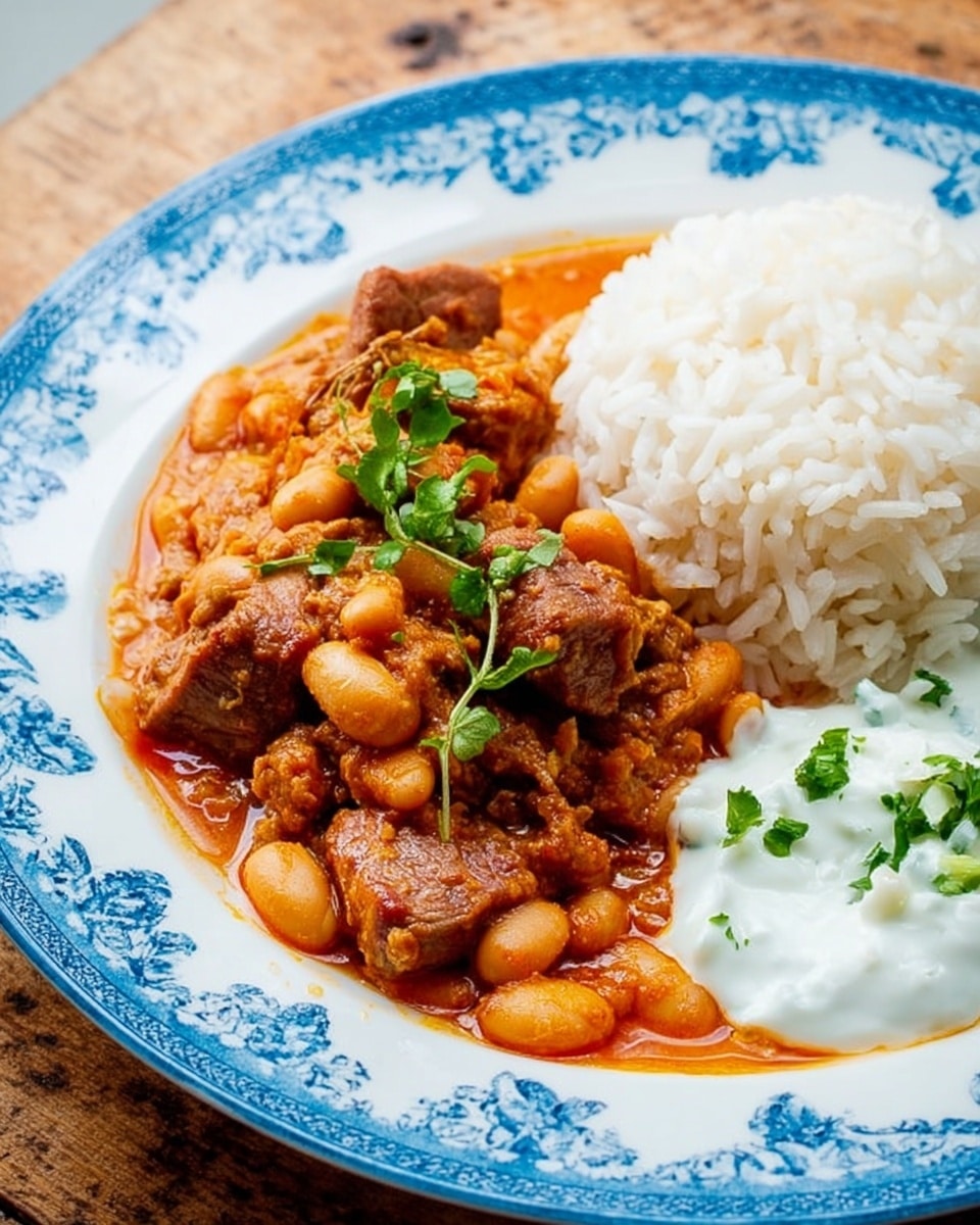 The image shows a white and blue patterned plate with three main layers. The top right part of the plate has a layer of white rice with some toasted thin noodles mixed in, giving a mix of white and light golden colors. On the left side, there is a thick layer of orange-brown bean stew with chunks of meat and beans, topped with small green parsley leaves for color contrast. Next to the stew, on the lower right side of the plate, there is a scoop of white creamy yogurt with a small green parsley leaf on top. A silver fork rests partially in the food near the yogurt. The plate is set on a wooden table, and in the background, a green salad in a white bowl and a drink with ice in a clear glass are visible. photo taken with an iphone --ar 4:5 --v 7