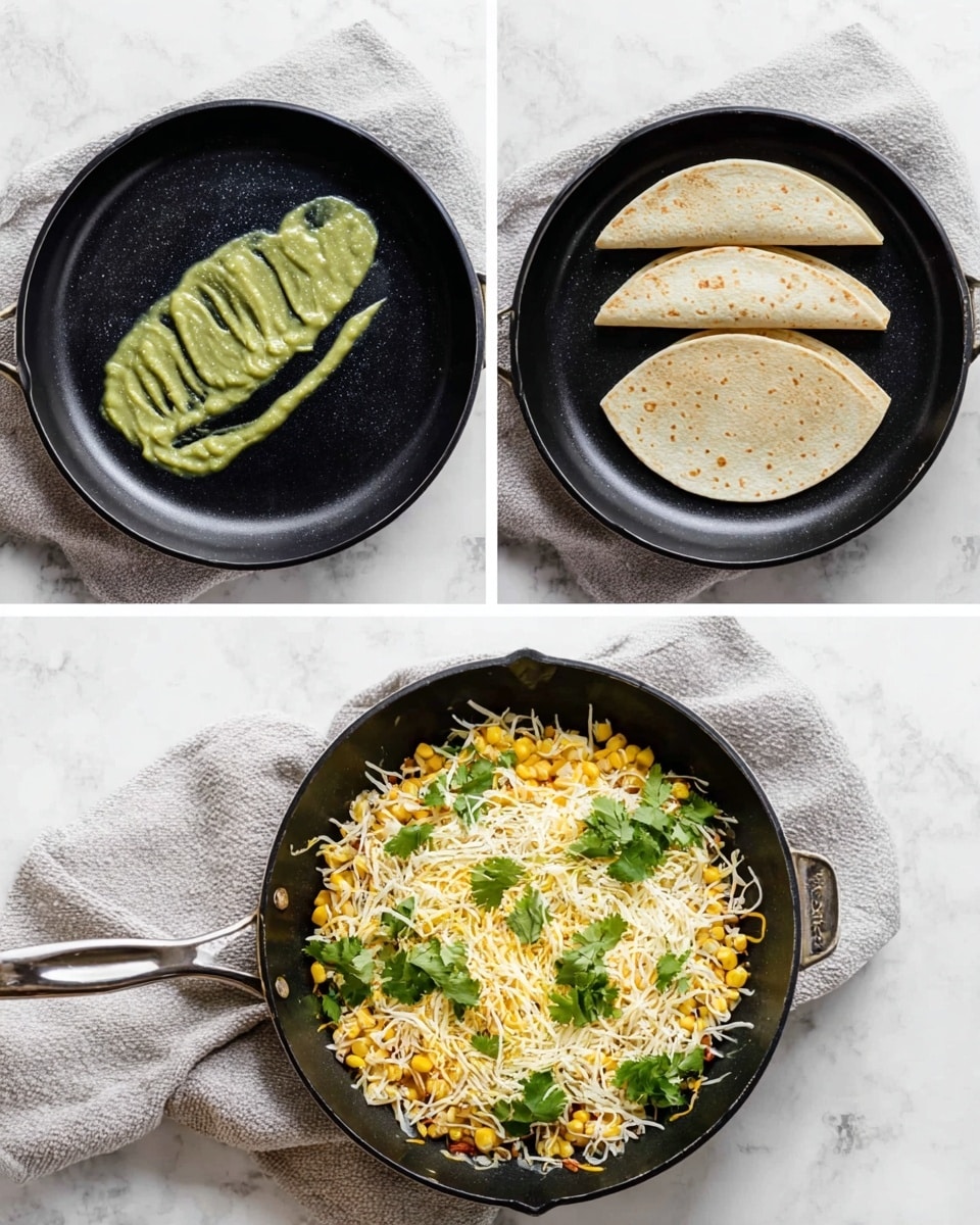 A black skillet holds a dish with three main layers: the bottom layer is light brown cooked chicken pieces mixed with golden yellow corn, the middle layer is melted white and orange cheese covering the chicken and corn unevenly, and the top layer is garnished with bright green sliced spring onions and fresh green cilantro leaves. The skillet rests on a white cloth on a white marbled surface. Around the skillet, there is a slice of lime, a piece of avocado, a small white bowl with sliced green onions, and a glass of light-colored drink. photo taken with an iphone --ar 4:5 --v 7