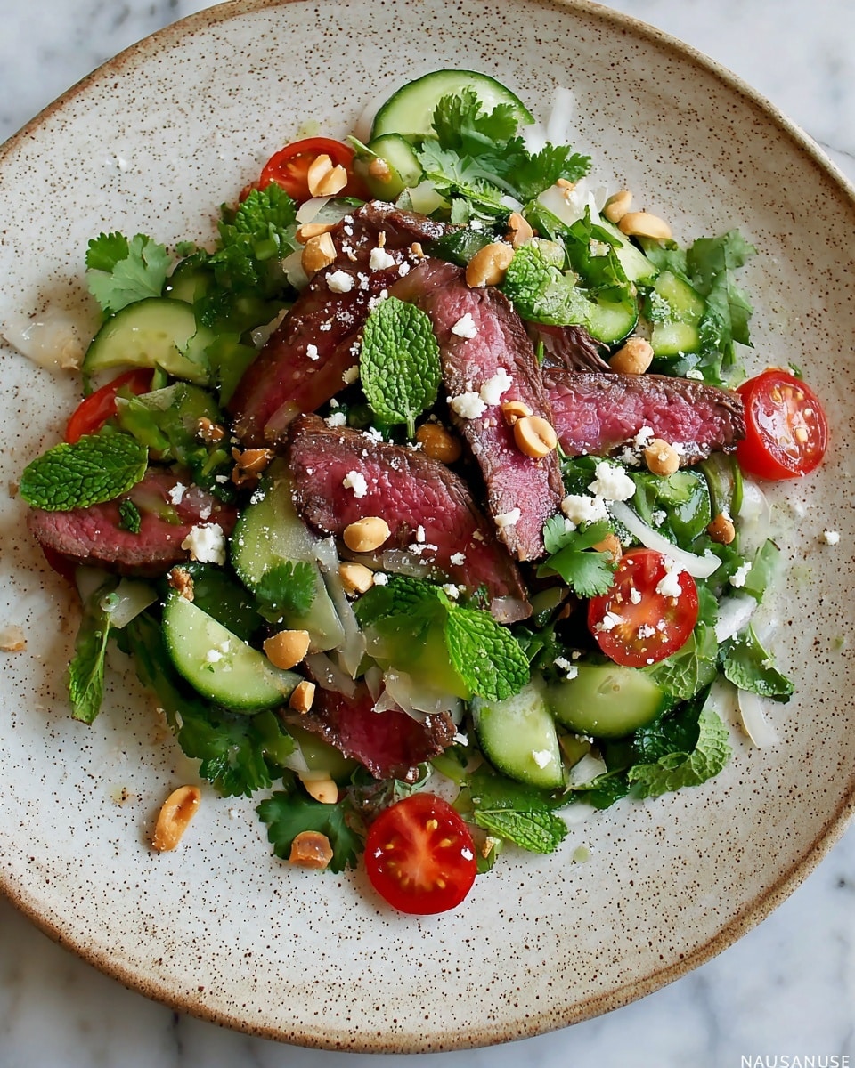 The dish is a vibrant salad served on a white speckled plate, placed on a white marbled surface. The bottom layer is made of fresh green cilantro leaves, mint leaves, and thin slices of white onion, creating a leafy textured base. On top, there are medium-rare slices of beef, showing pink centers and browned edges, arranged unevenly across the plate. Around and on the meat, there are bright green cucumber slices curved into semi-circles and halved small red cherry tomatoes. Scattered on top are light brown peanuts and a sprinkling of white crumbled cheese, adding a rough texture contrast. The salad is bright, fresh, and colorful with a mix of green, red, pink, and white tones, looking well mixed but casually arranged. Photo taken with an iphone --ar 4:5 --v 7