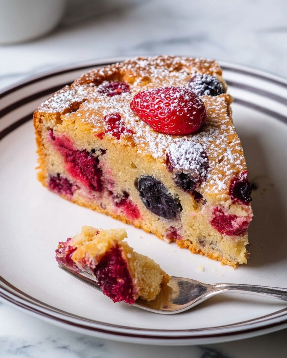 A round baked cake is shown, sliced into eight pieces, with a golden brown top. The top layer has scattered strawberries cut into pieces and whole blueberries embedded in the batter, spread evenly across the surface. The cake is dusted lightly with white powdered sugar. The cake sits on a white round plate that is on a white marbled surface. At the bottom left, a metal serving spatula is partially under one slice, ready to lift it. Photo taken with an iphone --ar 4:5 --v 7