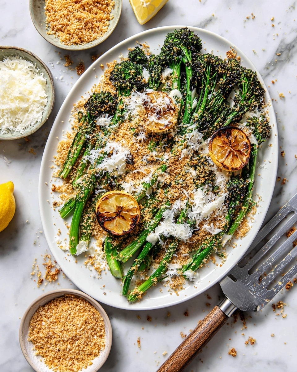 A white plate holds green broccolini stems with charred edges arranged in a circle, topped with a crumbly golden-brown breadcrumb layer and white grated cheese sprinkled on top, with three grilled lemon slices placed on one side. Around the plate, there are small white bowls filled with golden-brown breadcrumbs and white grated cheese. A metal spatula with a wooden handle rests next to the plate on a white marbled surface, with some crumbs scattered around. The photo taken with an iphone --ar 4:5 --v 7