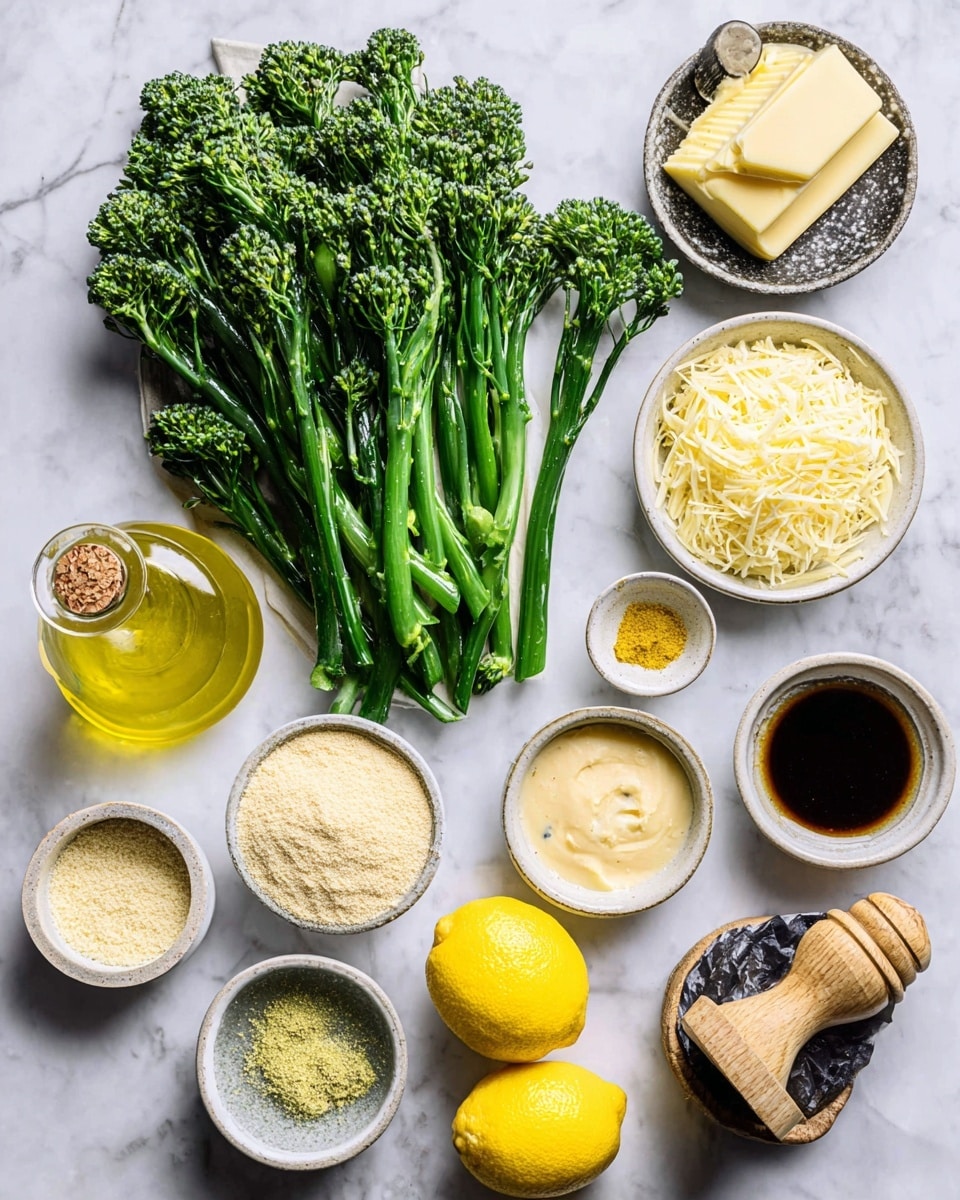 The image shows fresh, green broccolini stacked on the left side against a white marbled surface, surrounded by small white bowls each holding different ingredients: a bowl of powdery light beige panko, a round clear glass bottle filled with yellow olive oil, a bowl with shredded pale yellow cheese, a bowl with a block of pale yellow butter, a bowl of thick pale cream sauce, finely minced garlic in a bowl, a bowl with a light brown paste, a bowl with small yellow lemon zest, a bowl with dark brown liquid sauce, and two halves of a bright yellow lemon next to a wooden lemon juicer, all neatly arranged around the broccolini. photo taken with an iphone --ar 4:5 --v 7