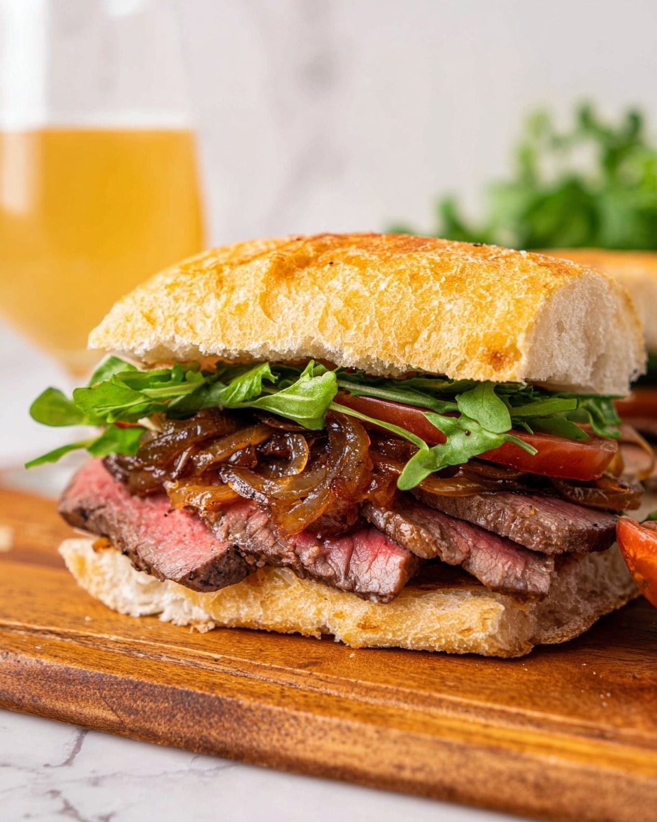 A close view of a sandwich with five layers visible: the top layer is a golden-brown toasted ciabatta bun with a slightly rough texture; below it is a layer of thin, medium-cooked steak slices showing a pink center and seasoned surface; under the steak, there is a layer of caramelized onions with a rich brown color and glossy texture; next is a layer of fresh green leafy lettuce with a ruffled texture; the bottom layer is a red tomato slice peeking out with a smooth surface; the sandwich rests on a wooden board with a white marbled background; a blurred glass of light yellow drink is in the background, with some green plants slightly out of focus to the right, photo taken with an iphone --ar 4:5 --v 7