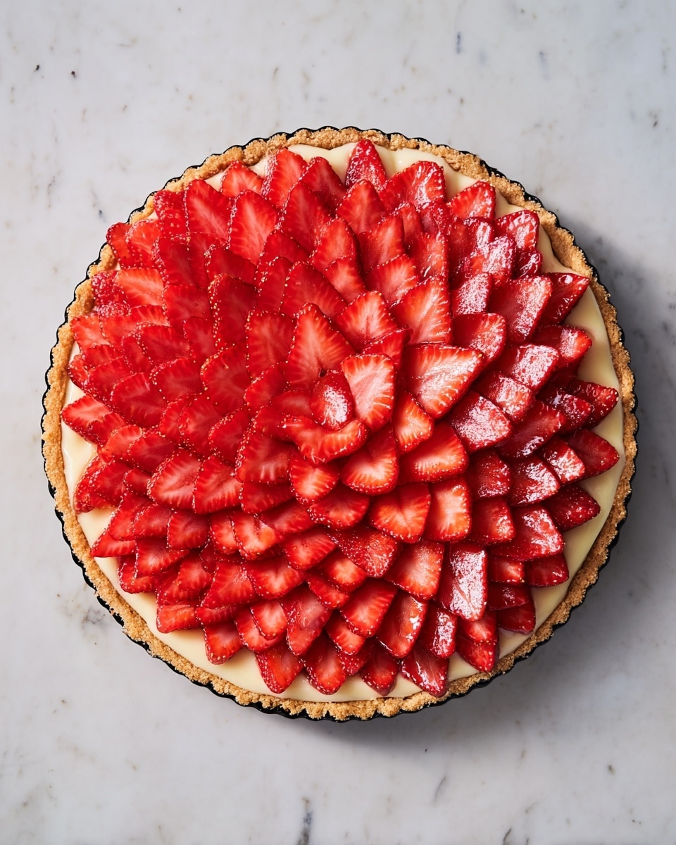 A round tart with three visible layers: the bottom crust is golden brown and slightly thick, supporting a creamy light layer in the middle that peeks out just at the edges, topped with many thin, red strawberry slices arranged neatly in overlapping circular rows starting from the edge and moving inward to the center, creating a flower-like pattern. The tart sits on a flat, white marbled surface. photo taken with an iphone --ar 4:5 --v 7