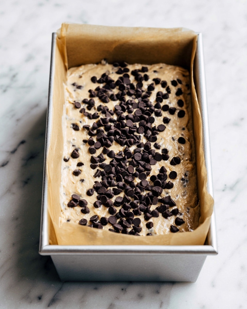 A rectangular silver baking pan lined with brown parchment paper is filled with a thick layer of light tan batter that has small darker specks mixed in. On top of the batter, there is a generous layer of small, dark chocolate chips scattered unevenly across the surface. The pan is placed on a white marbled surface, adding a clean and bright background to the image. photo taken with an iphone --ar 4:5 --v 7
