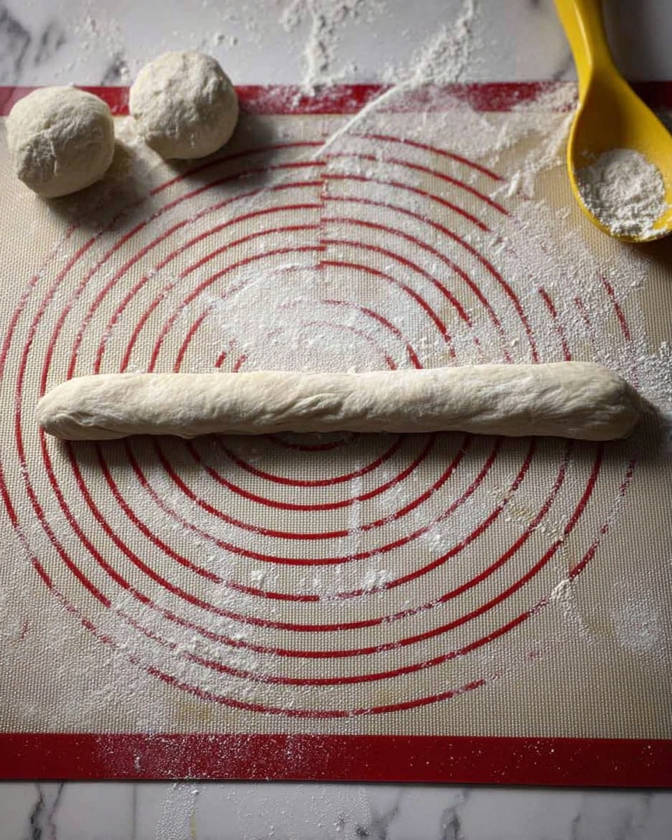A long, thin strip of dough lies on a floured baking mat with circular red measurement lines. Three dough balls rest on the left side, while a yellow spoon with some flour sits in the upper right corner. The dough strip has a rough texture and is placed horizontally in the center. The floured mat has a red circular pattern and the background is a white marbled texture. photo taken with an iphone --ar 4:5 --v 7