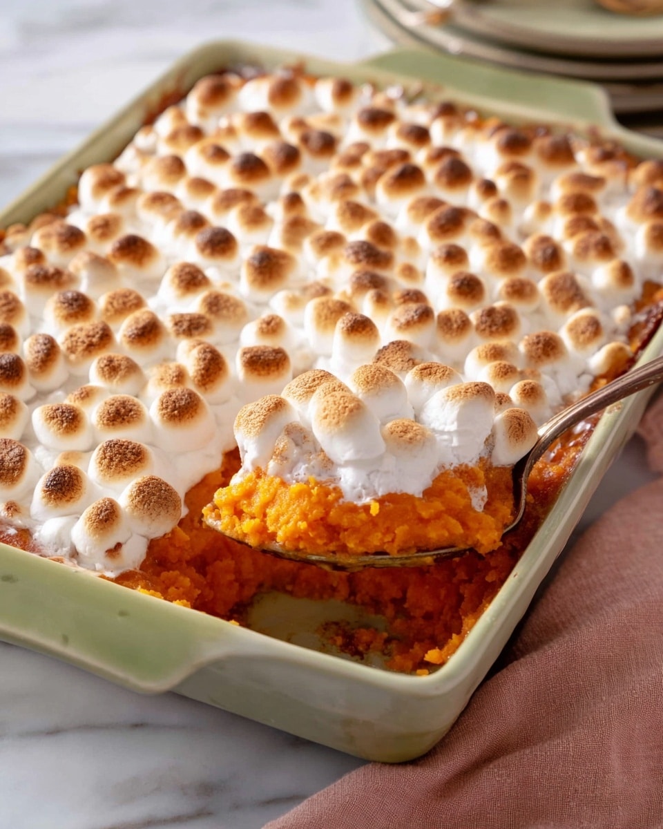 A square white ceramic dish holds a two-layer sweet potato casserole. The bottom layer is bright orange and mashed with a soft, smooth texture. The top layer is a thick cover of golden brown, toasted marshmallows, slightly puffed and bubbly with uneven brown spots. A teaspoon rests in the bottom right corner of the dish, scooping a bit of the casserole to show the orange layer underneath the marshmallows. The dish is set on a white marbled surface with a soft pink cloth nearby. photo taken with an iphone --ar 4:5 --v 7