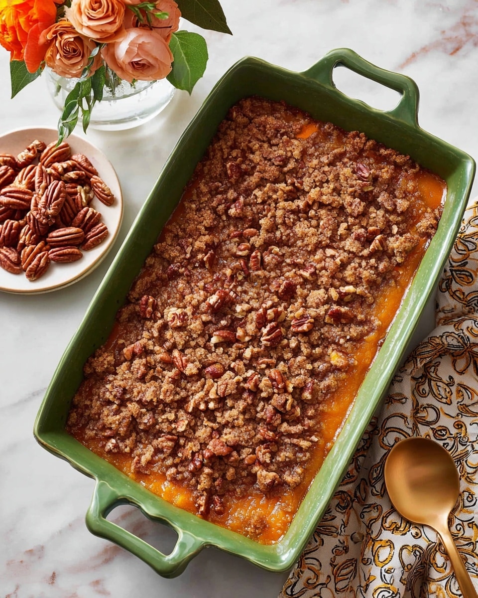 A green rectangular baking dish with handles holds a dessert with a crumbly brown topping mixed with chopped pecans spread evenly on top. Beneath the topping is a smooth, bright orange layer that peeks through in some spots. The dish is set on a white marbled surface, next to a beige patterned cloth with gold and black designs, on which rests a large golden spoon. On the left side of the image, there is a small round white plate filled with pecans. At the top left corner, there's a small clear vase holding orange and pale peach flowers with green leaves. Photo taken with an iphone --ar 4:5 --v 7