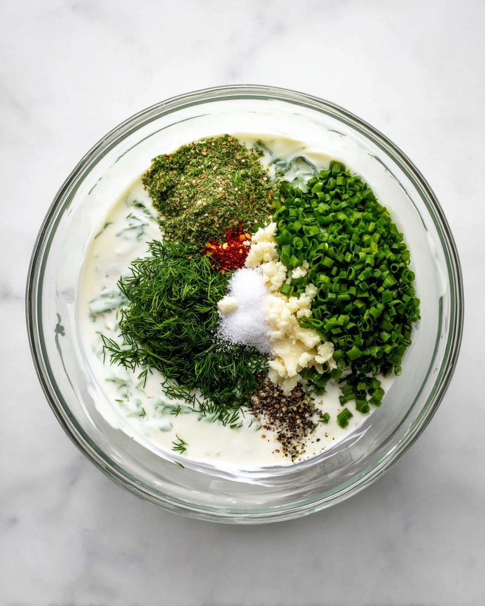 A clear glass bowl sits on a white marbled surface, filled with multiple layers of ingredients. At the bottom, white creamy yogurt forms most of the base. On top of this, bright green chopped chives cover the right side of the bowl. Freshly chopped dill adds a darker green patch on the left side, blending slightly into the yogurt. A few small pieces of minced white garlic sit near the dill. In the middle right, there's a pile of white salt, and next to it at the bottom center, black pepper adds a dark contrast. Some small red chili pieces add tiny spots of red color dispersed sparsely. The overall look is fresh, colorful, and ready to be mixed together photo taken with an iphone --ar 4:5 --v 7