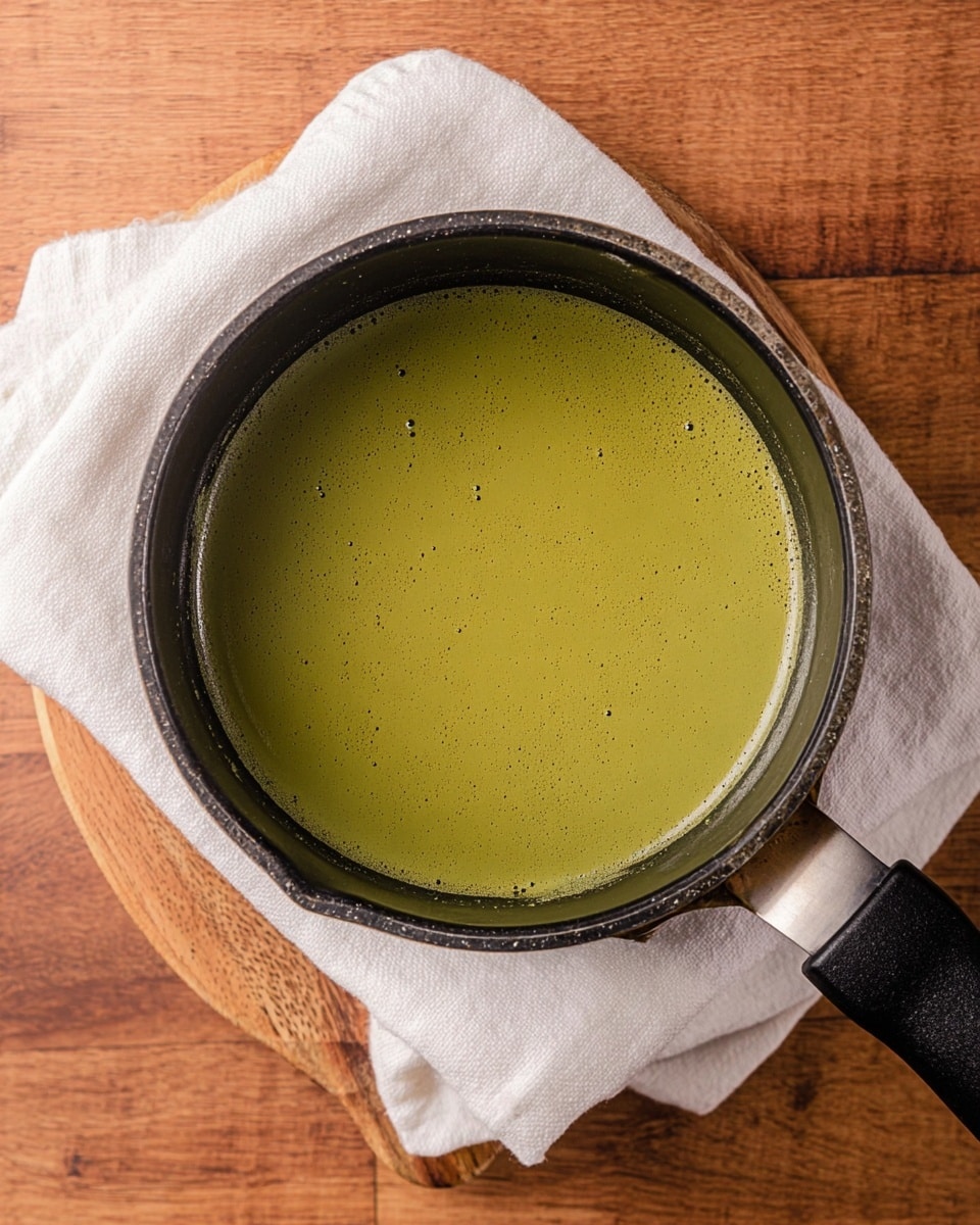 A top view of a black pot with smooth green sauce inside, showing a few small bubbles on the surface. The pot is placed on a soft white cloth, which lies on a wooden table with a warm brown color. The pot has a shiny silver handle pointing to the upper right side. The image background is a white marbled texture. photo taken with an iphone --ar 4:5 --v 7
