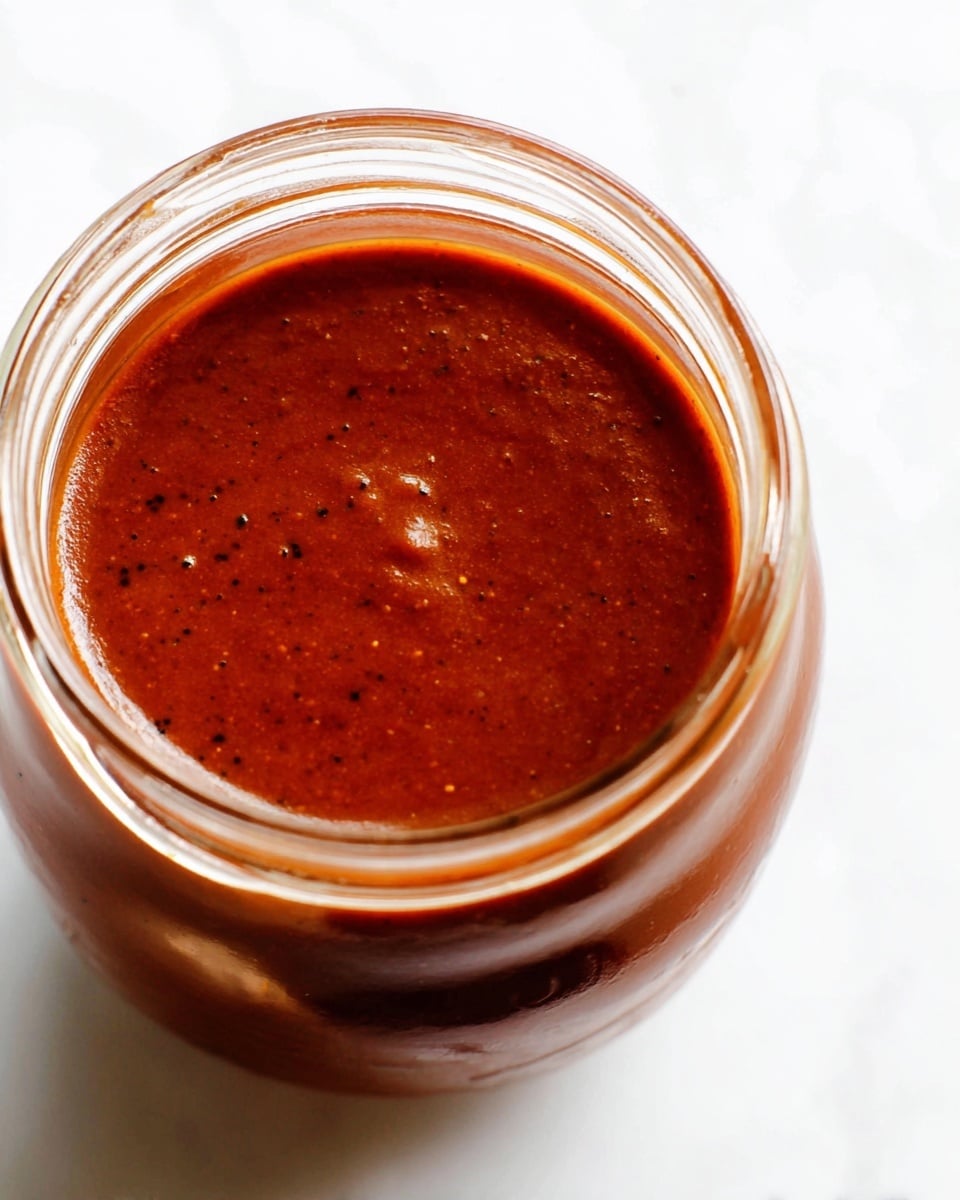 A close-up image of a clear glass jar filled almost to the top with a thick, smooth reddish-brown sauce that has tiny black specks sprinkled throughout. The rounded edges of the jar are visible, and the sauce's surface reflects light with a shiny texture. The whole jar sits on a white marbled surface, with bright, even lighting highlighting the rich, deep color of the sauce inside. photo taken with an iphone --ar 4:5 --v 7