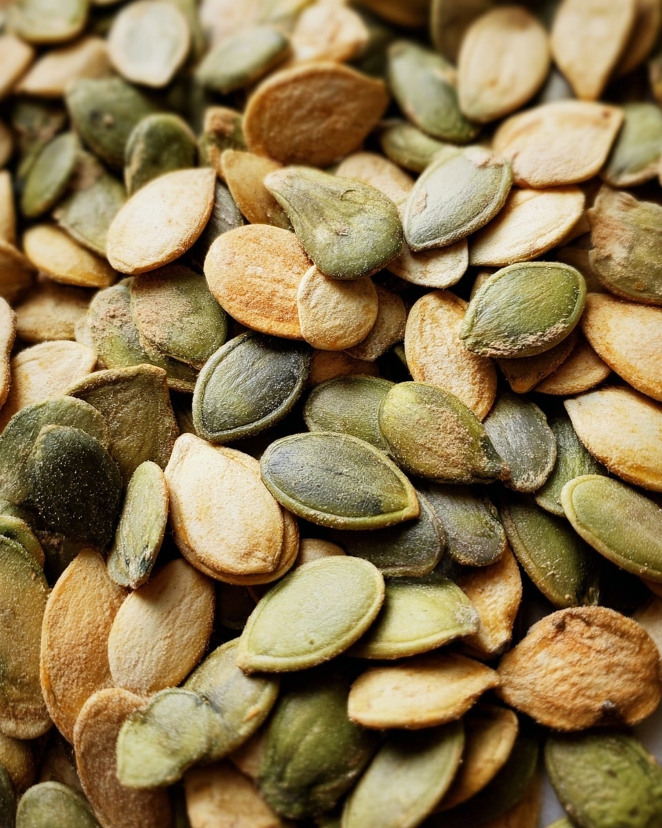 A close-up view showing an even layer of pumpkin seeds, varying in shades of olive green, light brown, and beige, with a dry and slightly rough texture. The pumpkin seeds overlap each other, filling the entire frame. The background is a soft white marbled texture. Photo taken with an iphone --ar 4:5 --v 7