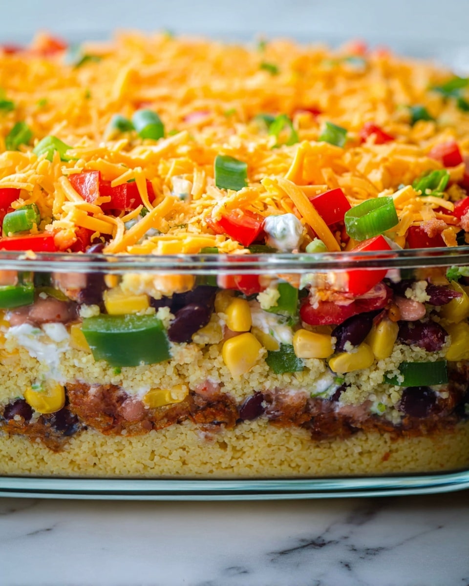 The image shows a close-up side view of a clear glass dish filled with multiple colorful layers of food. The bottom layer is a pale yellow grain, likely couscous or quinoa. Above it, there is a layer with yellow corn kernels and other small diced vegetables, followed by a layer of darker beans and sliced red items. On top of this, a layer of green bell peppers and sour cream is visible. The dish is topped with a thick layer of vibrant orange shredded cheese mixed with red and green diced peppers. The background surface is a white marbled texture. Photo taken with an iphone --ar 4:5 --v 7