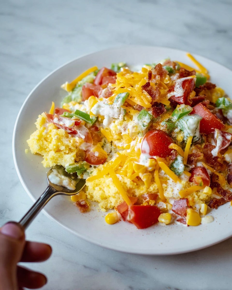 The image shows a close-up of a dish on a white plate with a mix of several colorful layers. The bottom layer consists of yellow corn grits with a slightly crumbly texture. On top, there are bright yellow shredded cheddar cheese and creamy white sauce spread unevenly across the dish. Scattered throughout are fresh, chunky red tomato pieces and vibrant yellow corn kernels. Small bits of green bell pepper add color and texture. There are also small pieces of crispy bacon mixed in. A fork is scooping some of the food with a woman's hand holding it. The surface beneath the plate is a white marbled texture. photo taken with an iphone --ar 4:5 --v 7