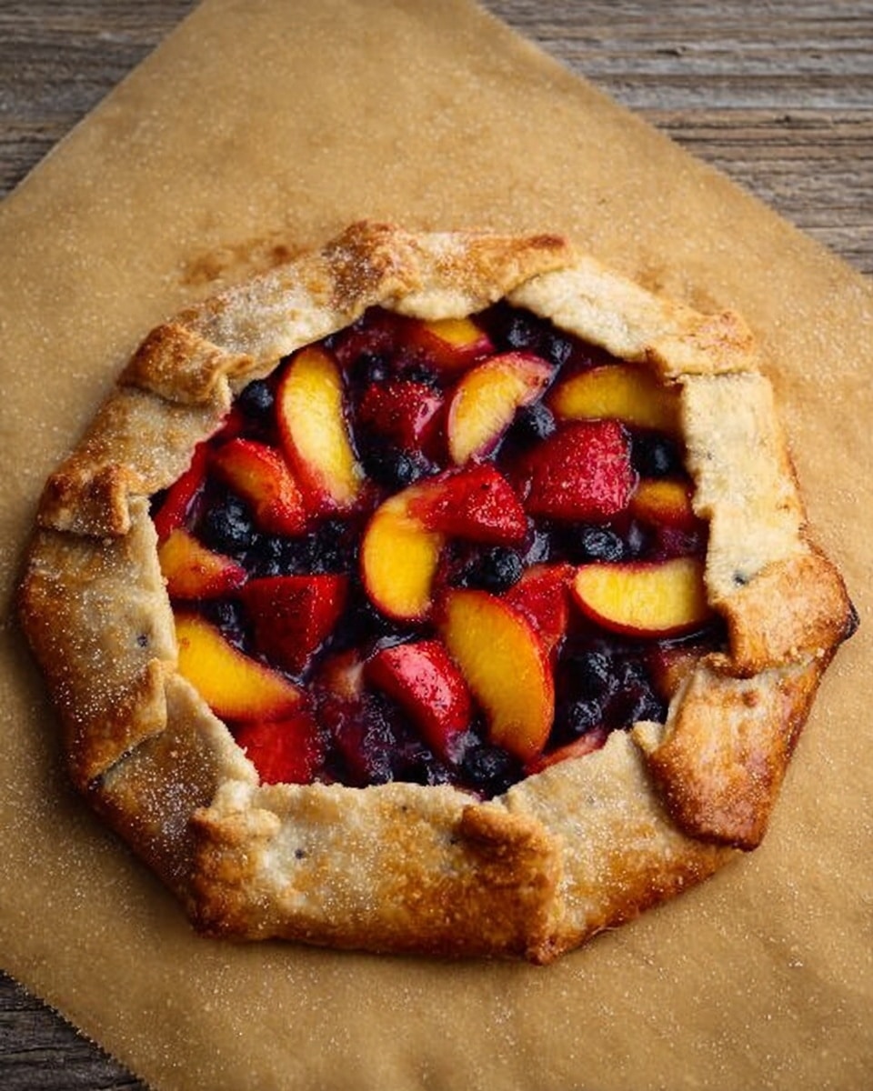 A round, rustic fruit galette sits on a light brown wooden surface, showing a golden-brown crust folded unevenly over the edges to hold a colorful fruit filling. Inside the crust, there are shiny chunks and slices of red strawberries, vibrant orange peach slices, and small plump dark blueberries. The crust looks flaky and lightly browned with some specks of sugar or flour visible on its surface. The fruit inside looks juicy and fresh, filling the middle in a mix of red, orange, and blue colors. Photo taken with an iphone --ar 4:5 --v 7
